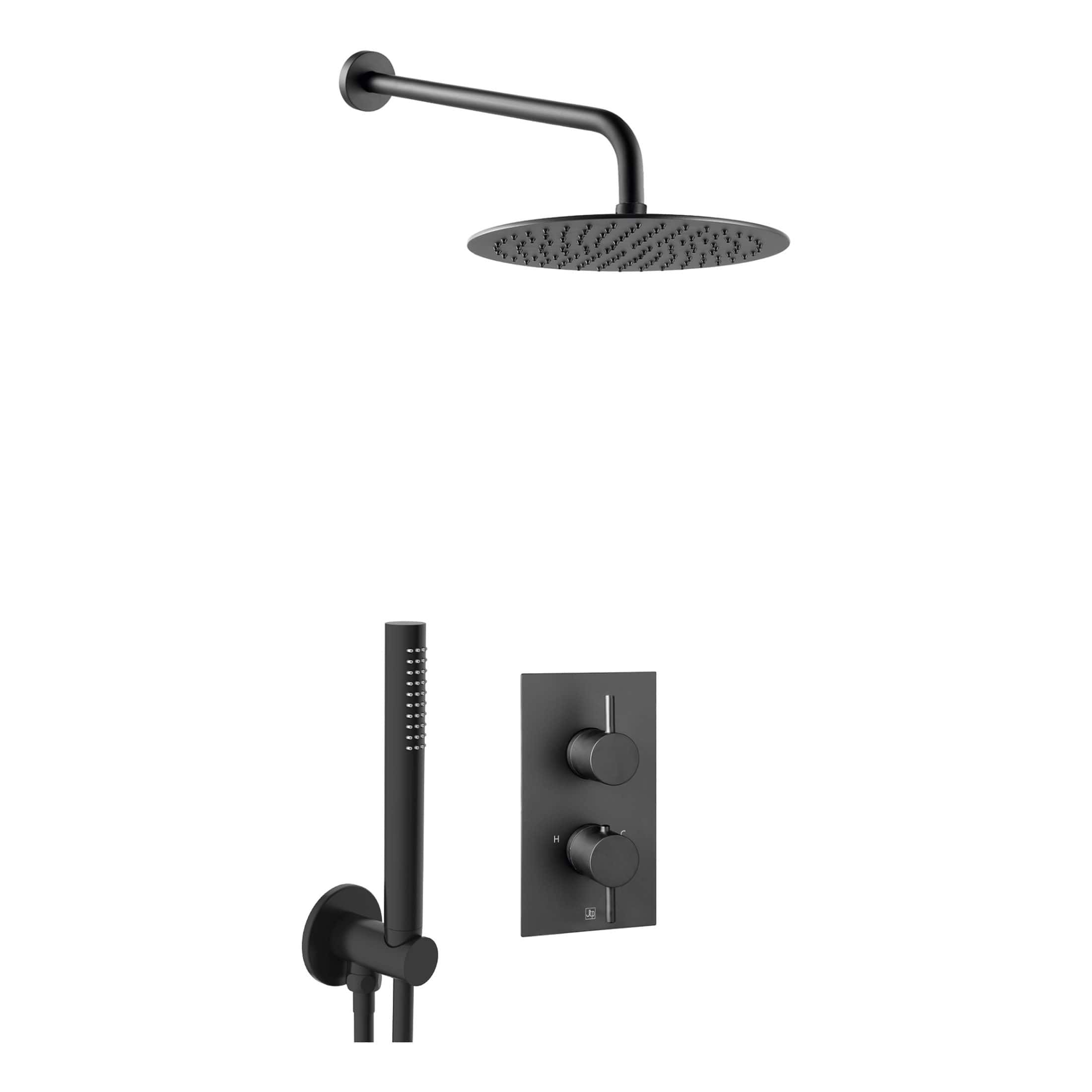 Enjoy modern black shower fixtures including a rainfall showerhead and handheld shower on a sleek plate for stylish, contemporary bathroom updates.