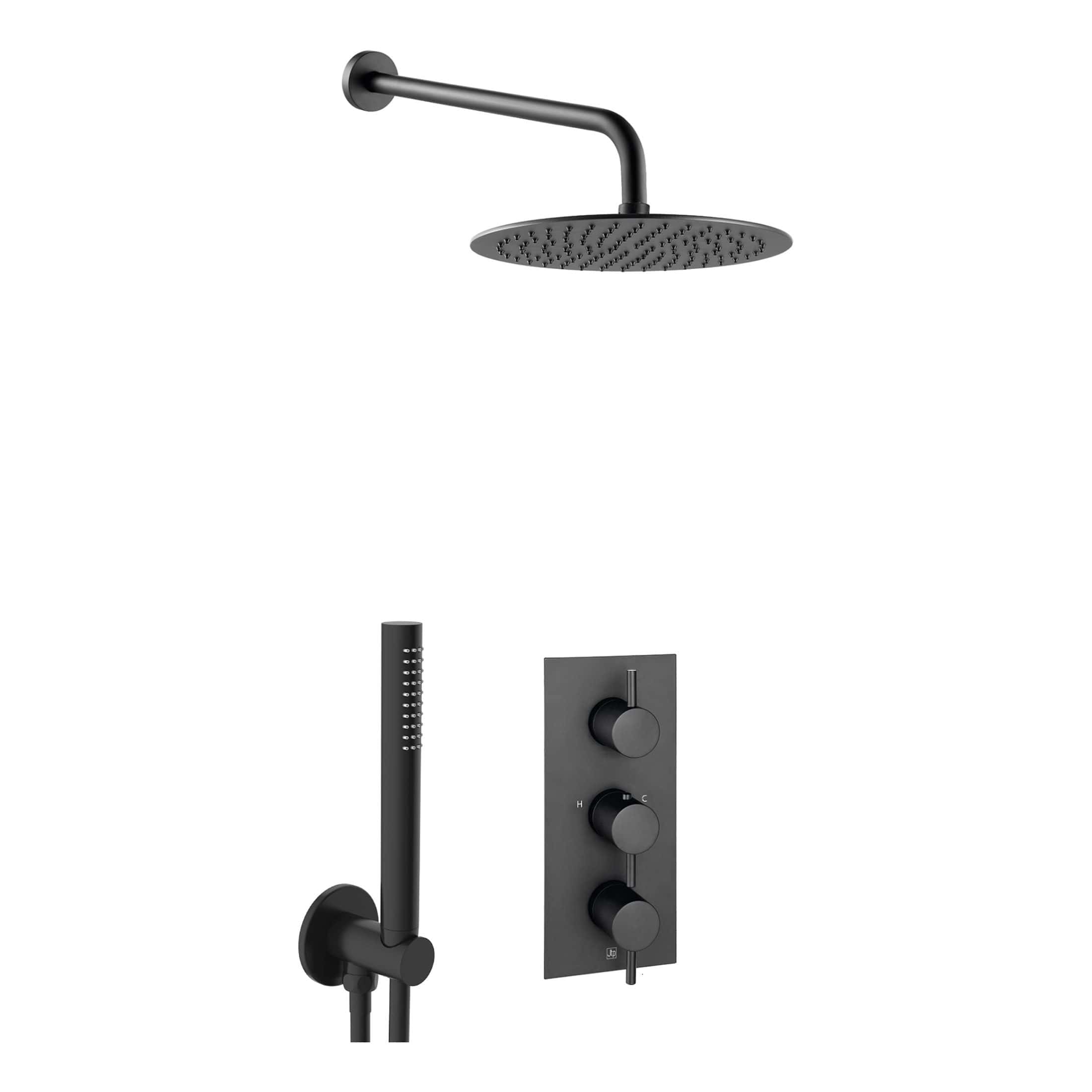 Sleek black shower system with rain shower head and handheld shower attachment, perfect for modern bathrooms.