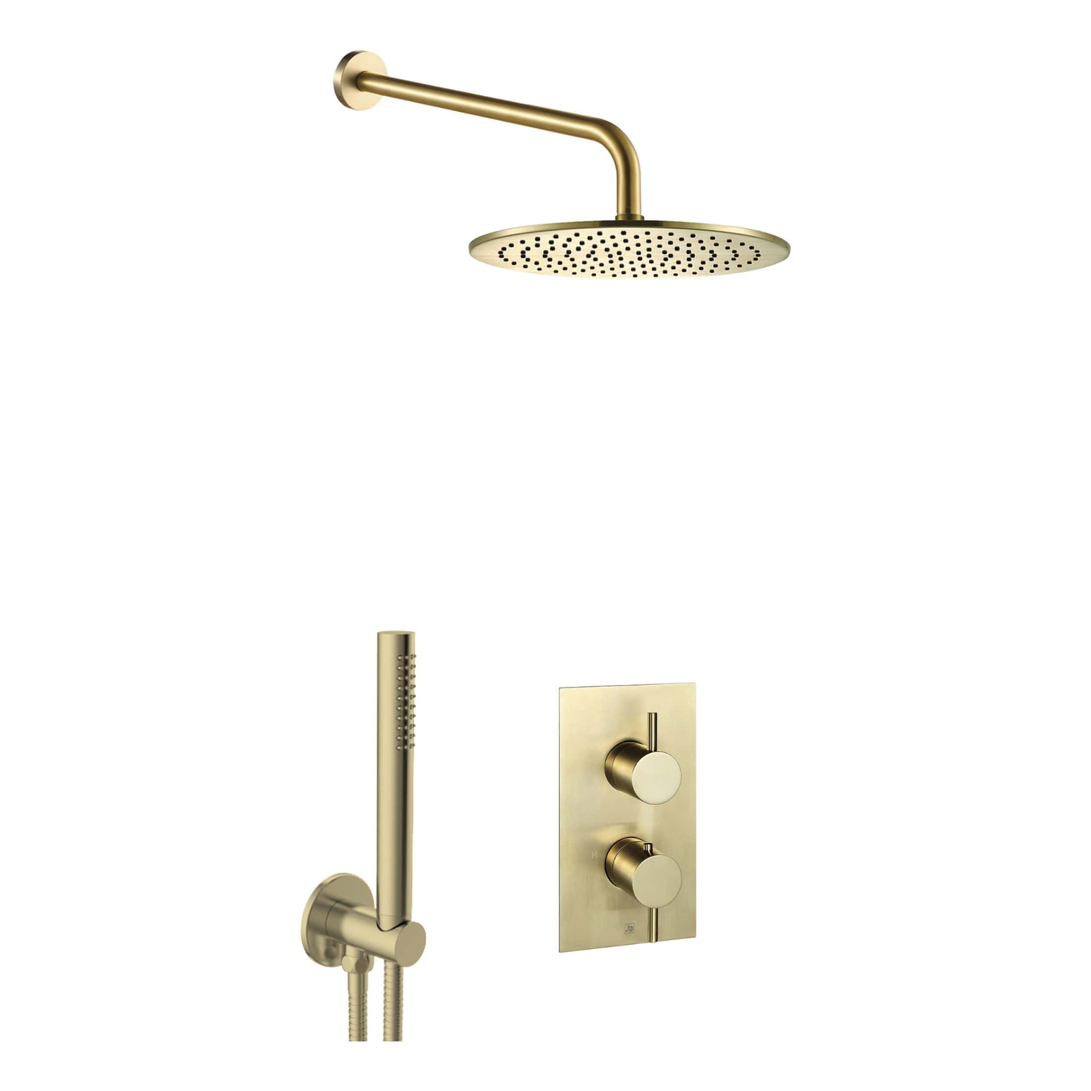 Sleek gold shower system including overhead rain shower, handheld shower, and wall controls, ideal for luxury modern bathroom designs.