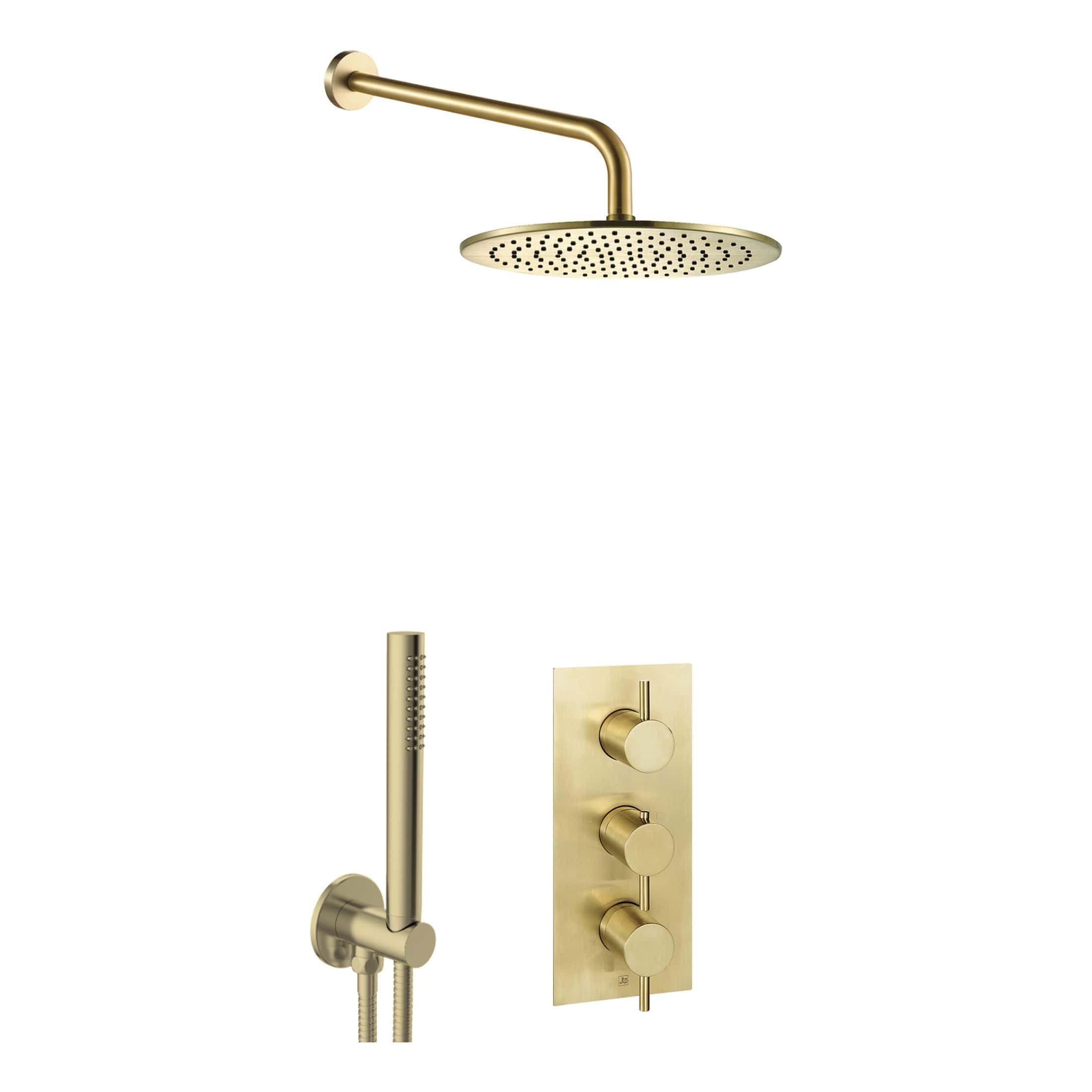 Luxurious gold shower system with rain shower head and handheld spray for modern bathroom renovation. Perfect for creating a spa-like experience in your home.