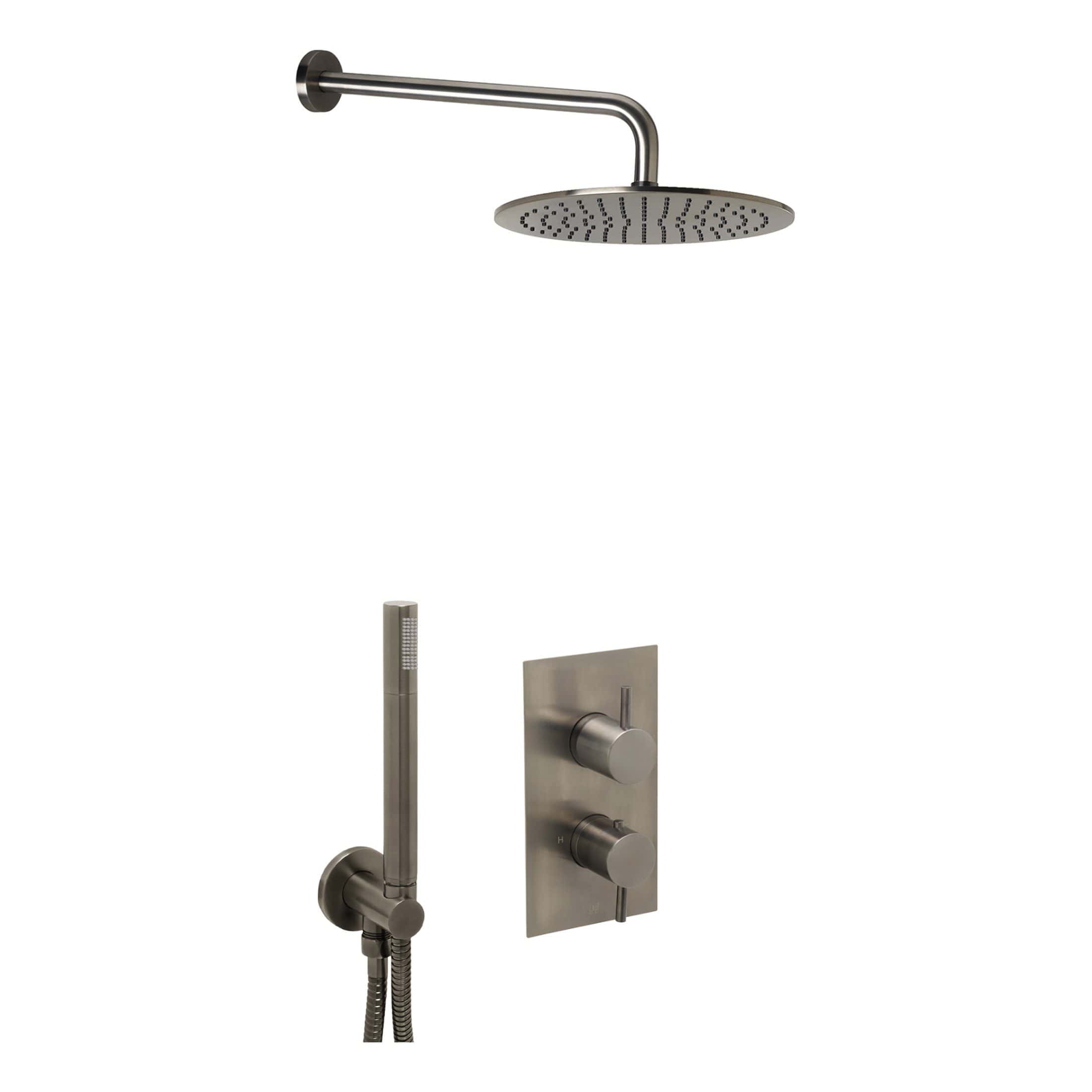 Modern shower system with a rainfall shower head, handheld shower wand, and thermostatic control panel, perfect for contemporary bathrooms.