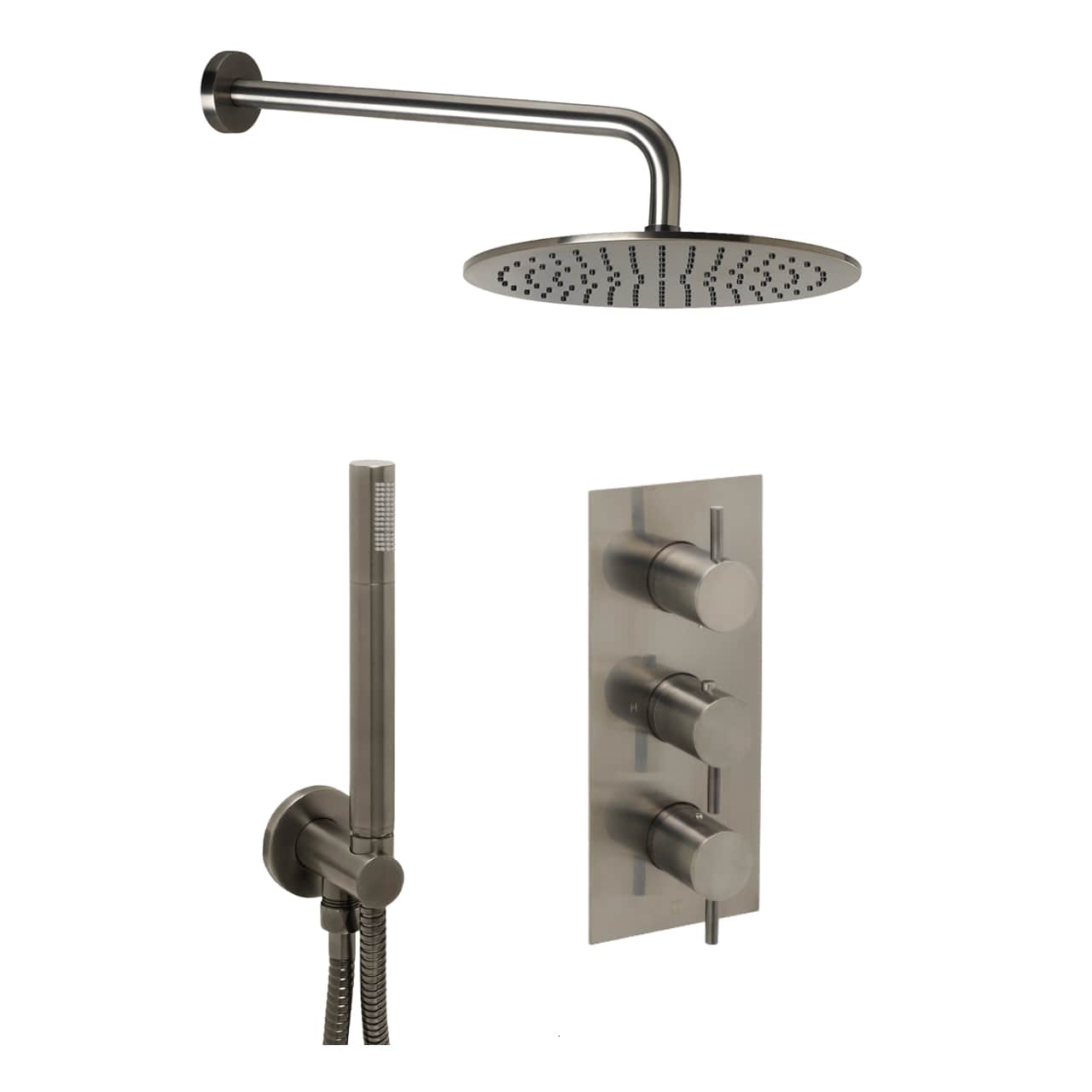 Sleek stainless steel shower panel system with overhead rain shower, handheld shower head, and control valves, perfect for modern bathrooms Bathroom shower system with rainfall and handheld showers for luxurious bathing experience.