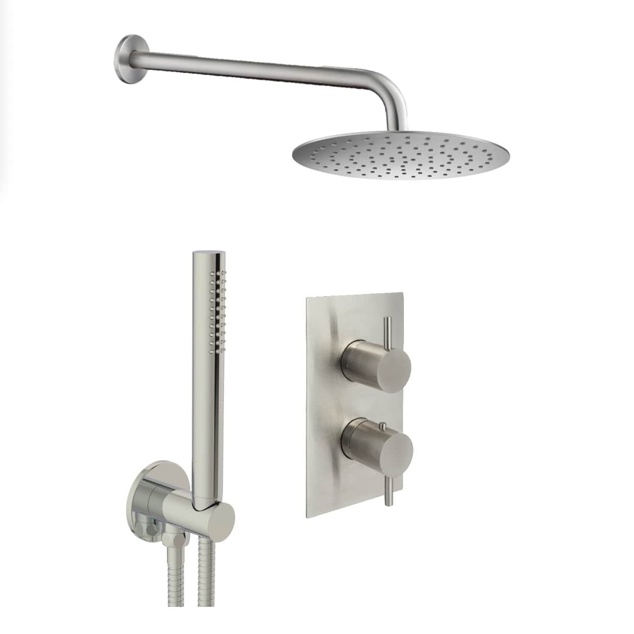 Sleek modern shower system with rain shower head, handheld shower, and temperature control,ideal for luxury bathroom upgrades or bespoke projects.