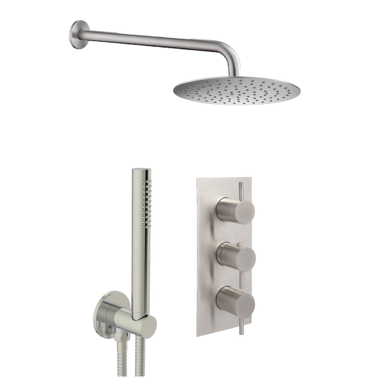 Sleek modern shower system with rain shower head, handheld shower, and thermostatic controls in brushed nickel finish, perfect for luxury bathroom renovation and stylish bath upgrades.