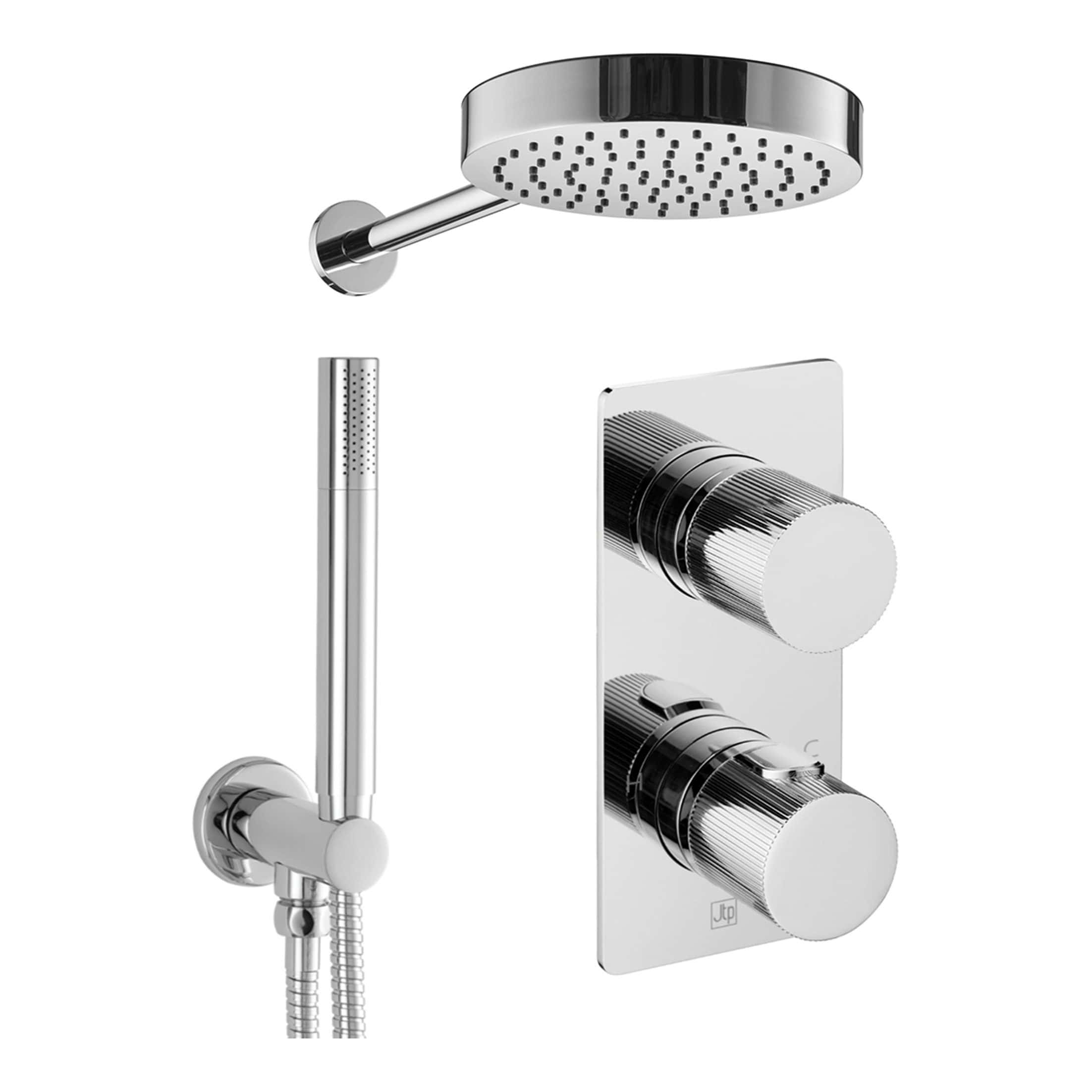 Shower head with handheld attachment and dual control panel for modern bathroom, chrome finish, Bubly Bathrooms, high-quality bathroom fixtures, luxury shower system, waterproof shower accessories, elegant bathroom design.