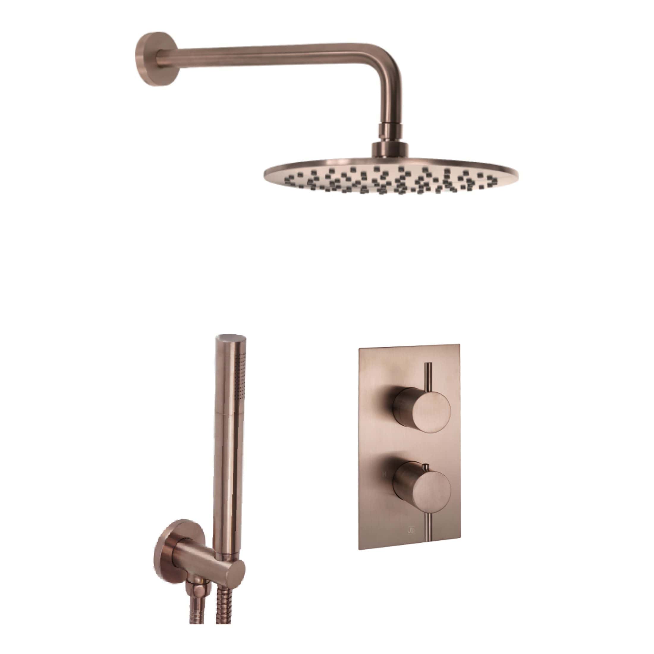 Sleek rose gold bathroom showerhead and fixtures set with modern hand-held shower, rainfall shower and temperature control knobs for luxury bathroom renovation.