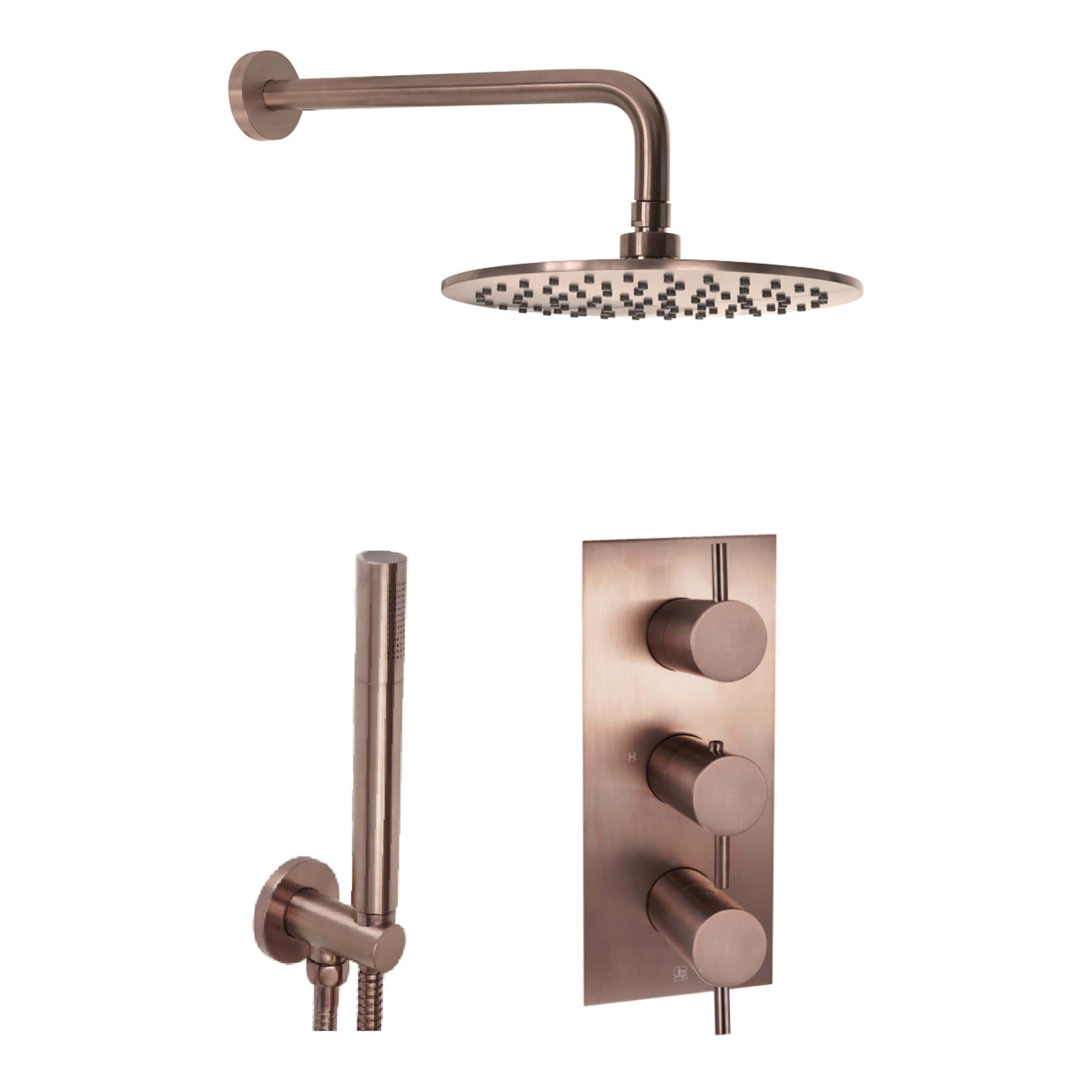 Elegant rose gold shower system with rainfall showerhead, handheld shower, and temperature control panel, ideal for modern bathrooms and luxurious bathing experiences.