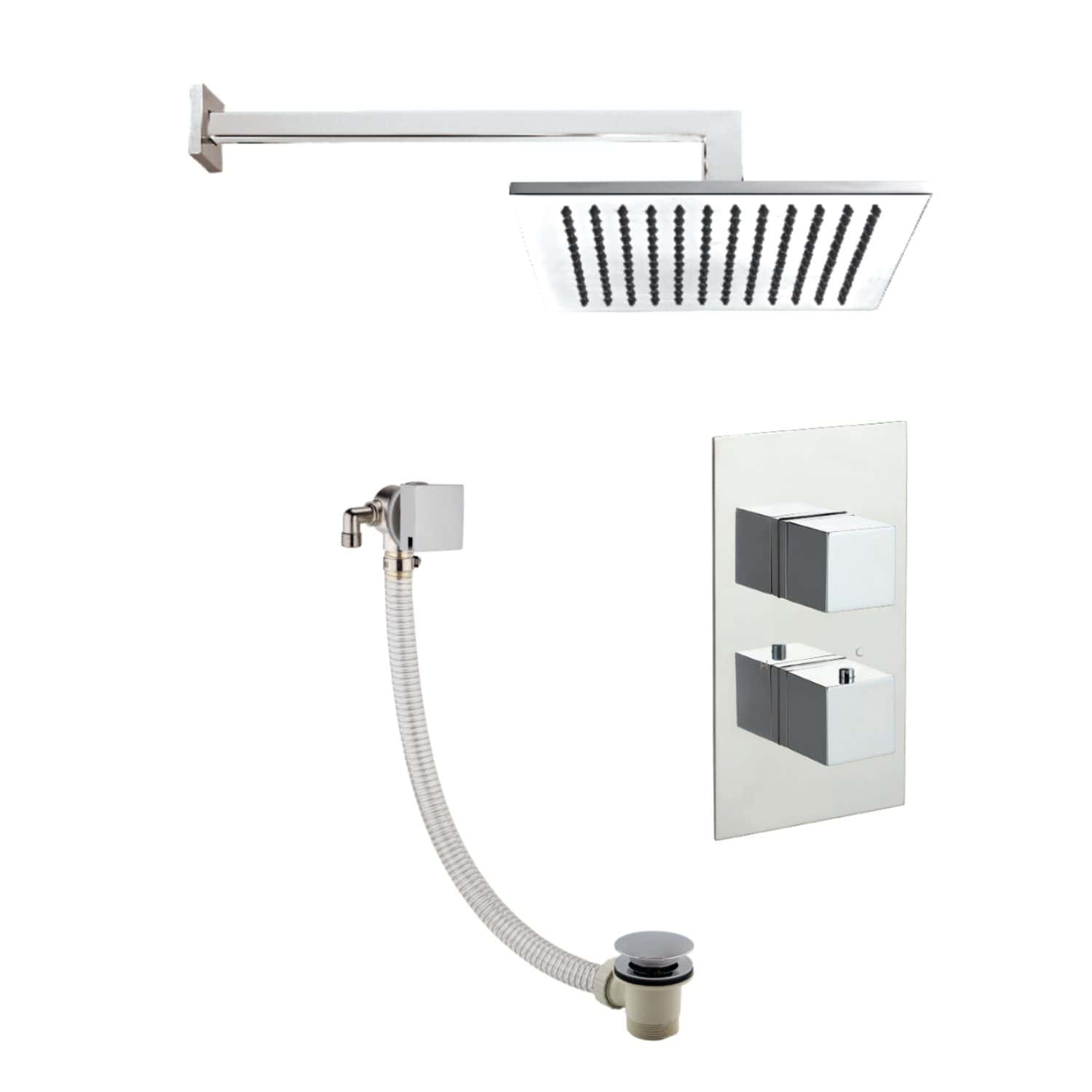 Shower head with wall-mounted controls and drainage system, perfect for modern bathroom renovations and plumbing upgrades. High-quality fixtures for a sleek, functional shower experience.
