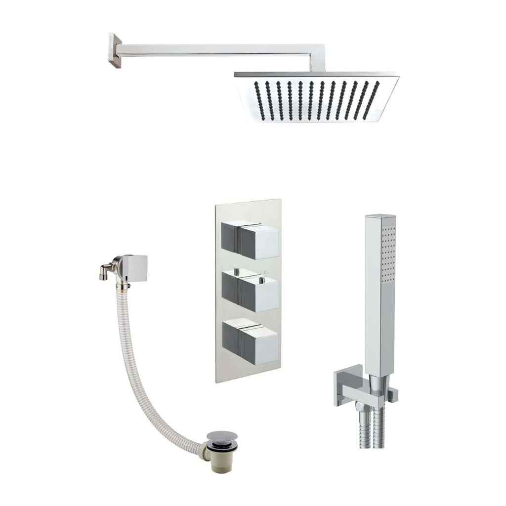 Sleek modern shower systems with rainfall showerhead, handheld shower, and wall-mounted controls, designed for stylish and functional bathrooms.