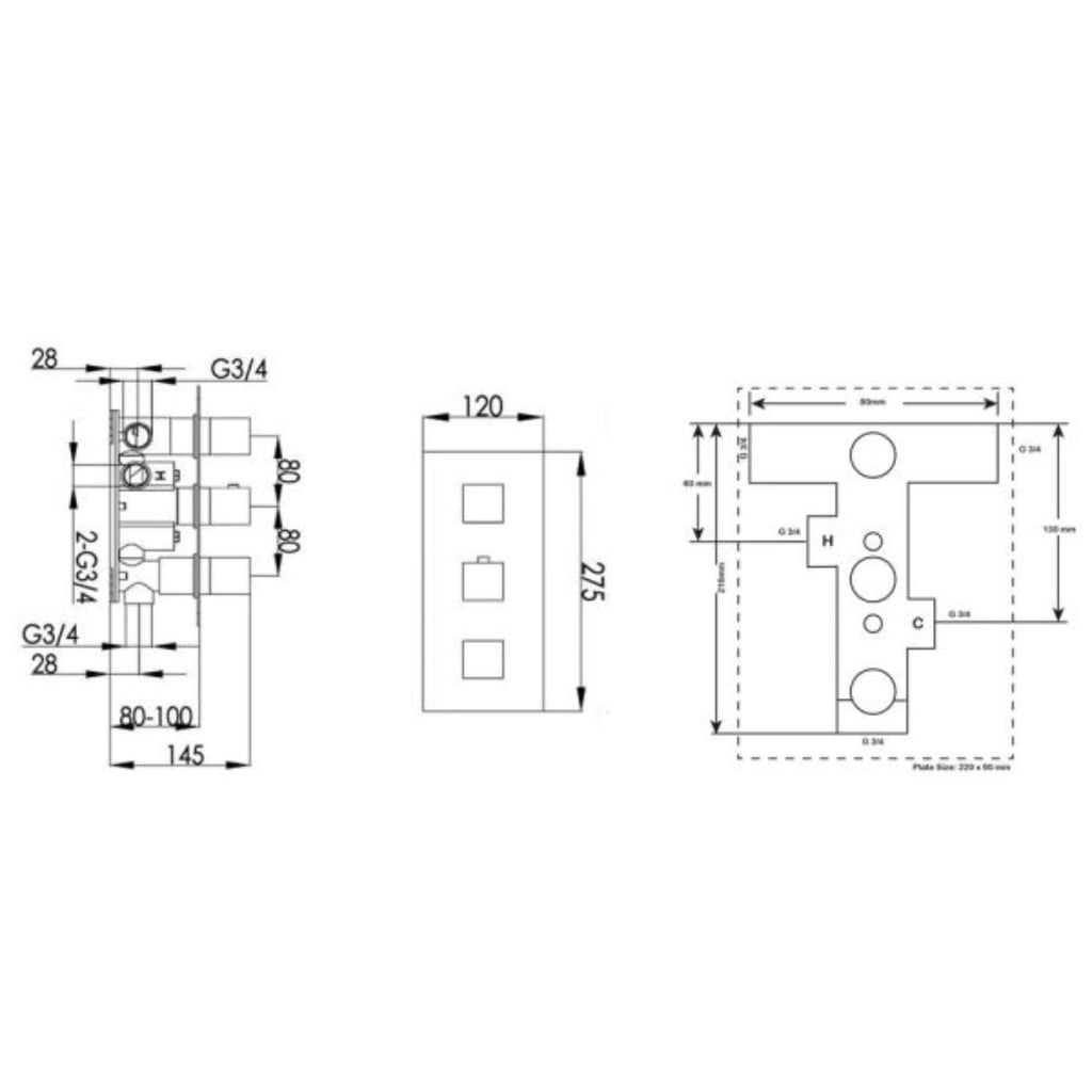 Elegant technical blueprint of Bubly Bathrooms' modern shower valve and control system showcasing detailed dimensions and precise engineering for custom bathroom installation.