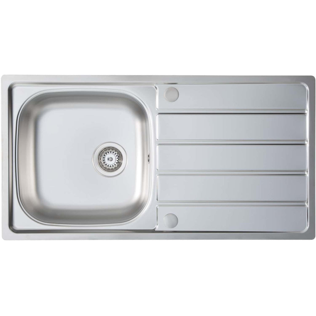 Stainless steel kitchen sink with integrated draining board, modern design, and durable finish for home or commercial use. Fits seamlessly into contemporary kitchen spaces.