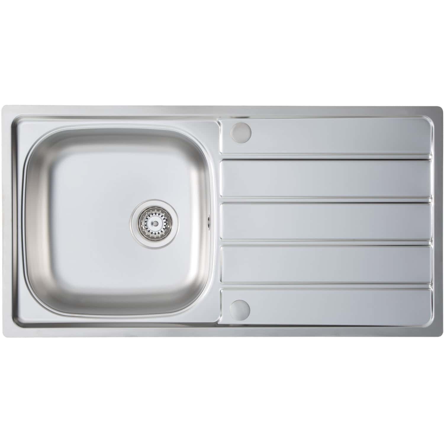 Stainless steel kitchen sink with integrated draining board, modern design, and durable finish for home or commercial use. Fits seamlessly into contemporary kitchen spaces.