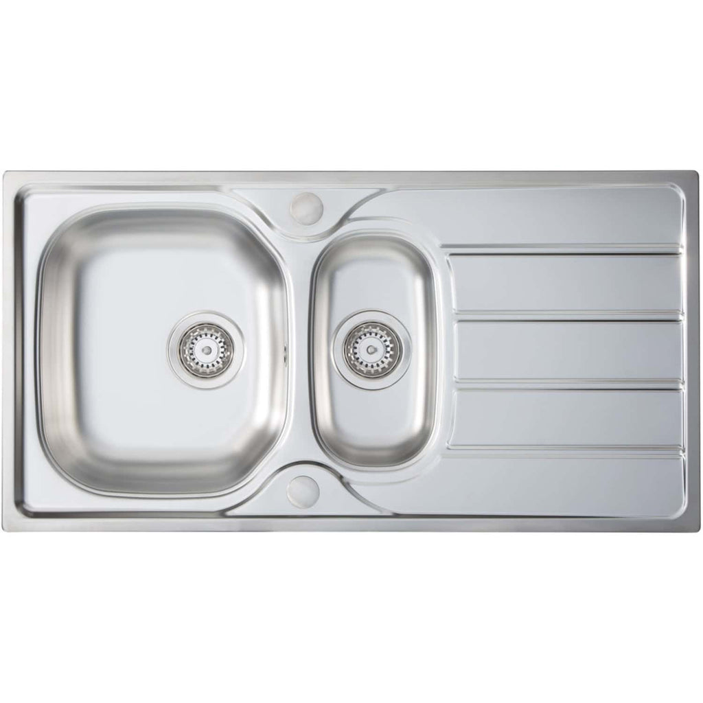 Stainless steel double kitchen sink with drainage board, modern design, ideal for contemporary bathrooms and kitchens. Durable, corrosion-resistant, perfect for home renovation projects.