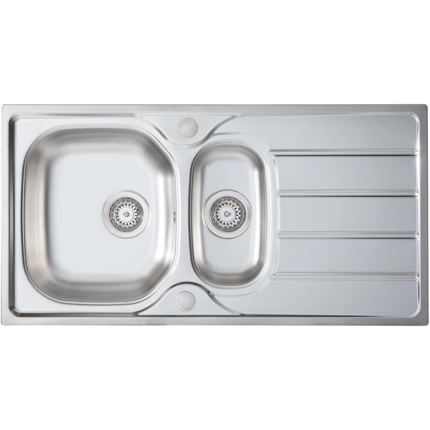 Stainless steel double kitchen sink with drainage board, modern design, ideal for contemporary bathrooms and kitchens. Durable, corrosion-resistant, perfect for home renovation projects.