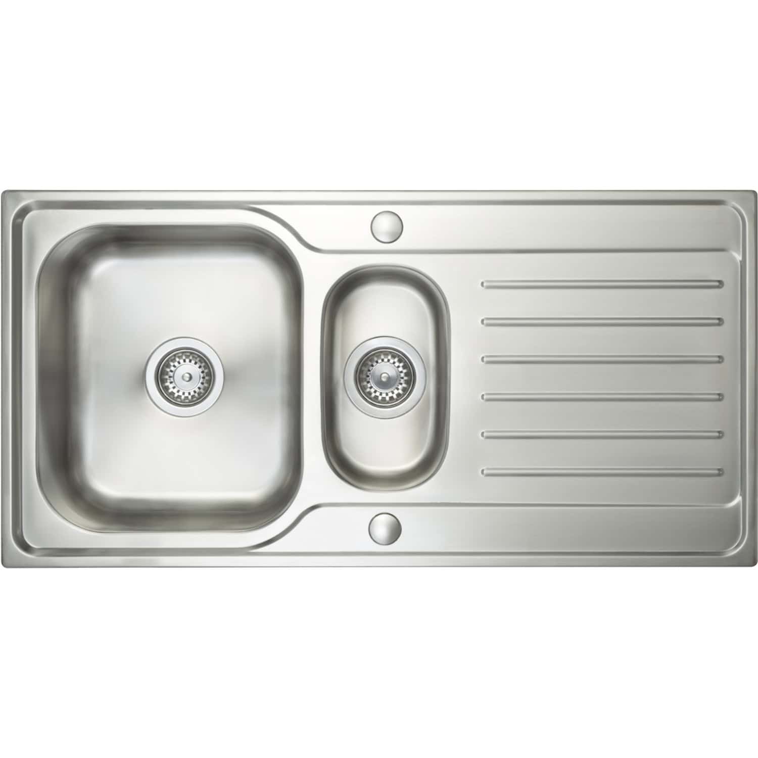 Stainless steel double kitchen sink with drainer, modern design for Bubly Bathrooms. Perfect for contemporary kitchens, easy to clean, durable, and functional.