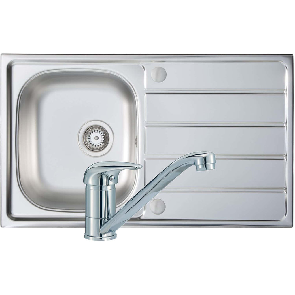 Shiny stainless steel kitchen sink with integrated draining board, single lever mixer tap, ideal for modern kitchens with durable, easy-to-clean design.