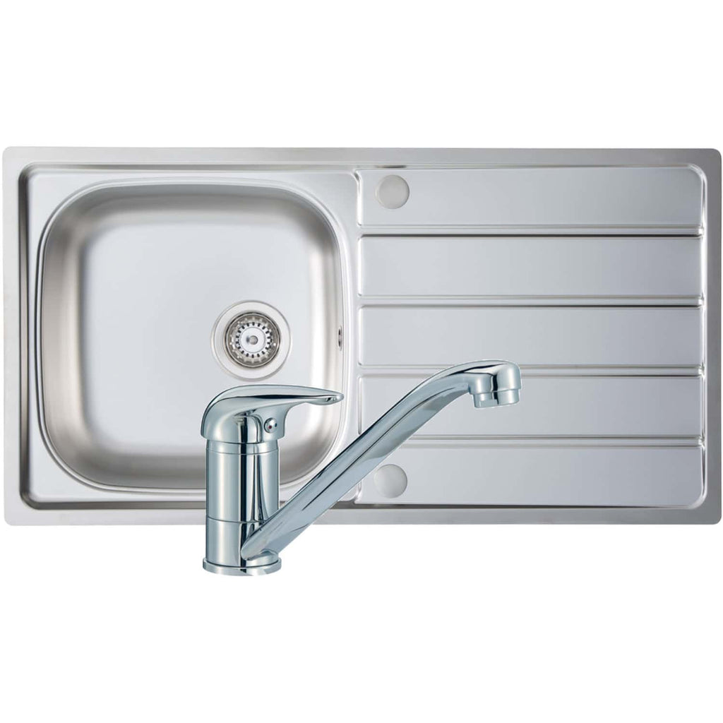 Stainless steel kitchen sink with integrated drainer and modern chrome faucet, perfect for contemporary bathrooms or utility areas, offering durability and easy cleaning.