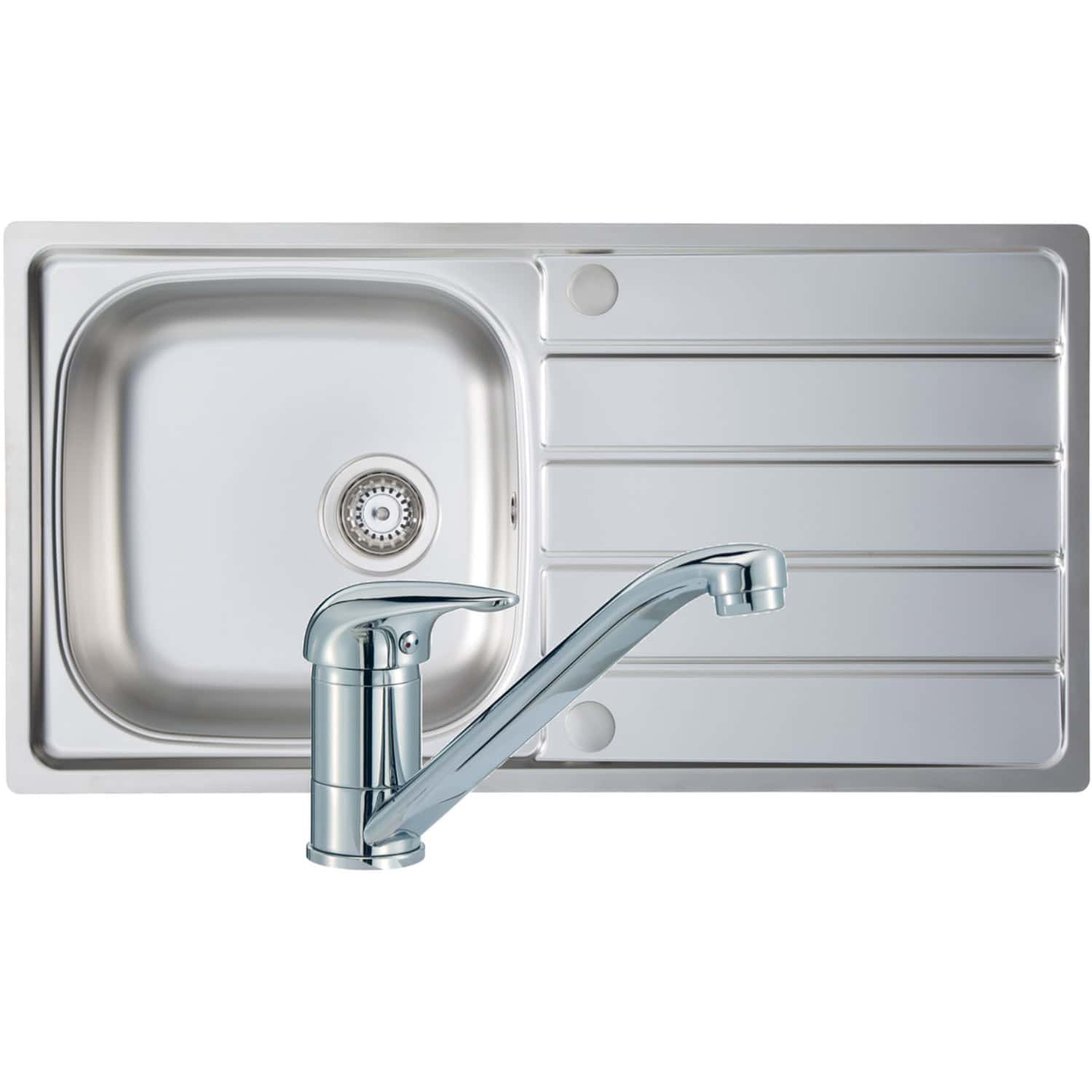 Stainless steel kitchen sink with integrated drainer and modern chrome faucet, perfect for contemporary bathrooms or utility areas, offering durability and easy cleaning.