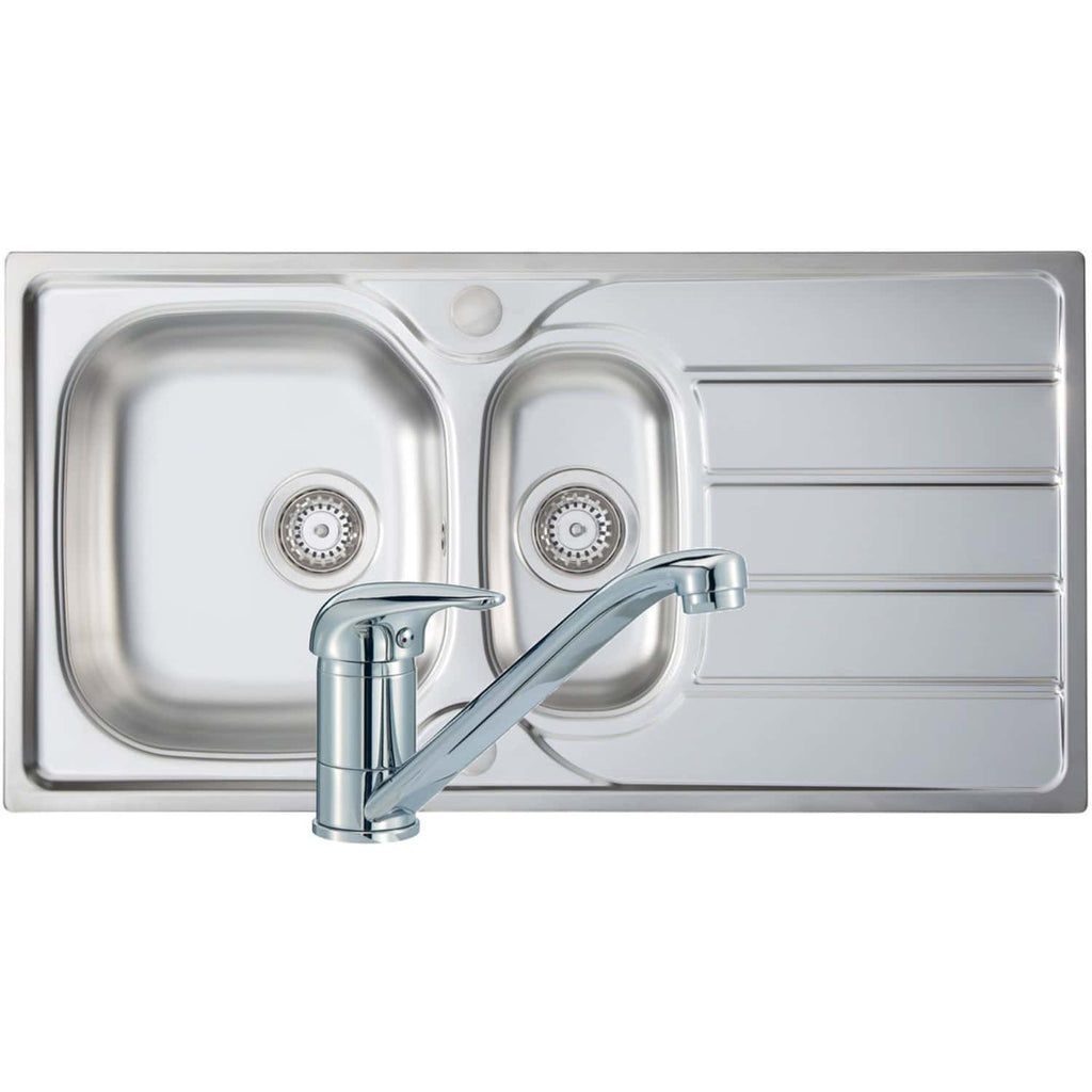 Stainless steel kitchen sink with dual basins and integrated draining board, perfect for modern bathroom or kitchen renovation projects. Durable and easy to clean.