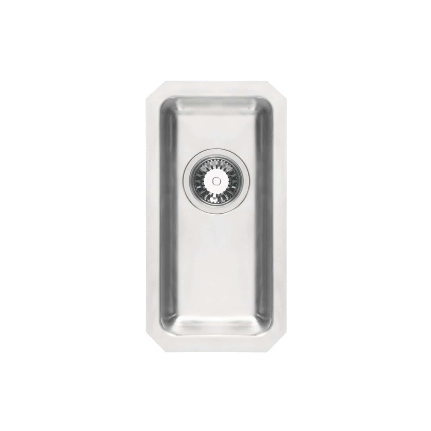 Bright stainless steel kitchen sink, durable and modern design, ideal for contemporary bathroom and kitchen renovations, featuring a sleek undermount style with a central drain.