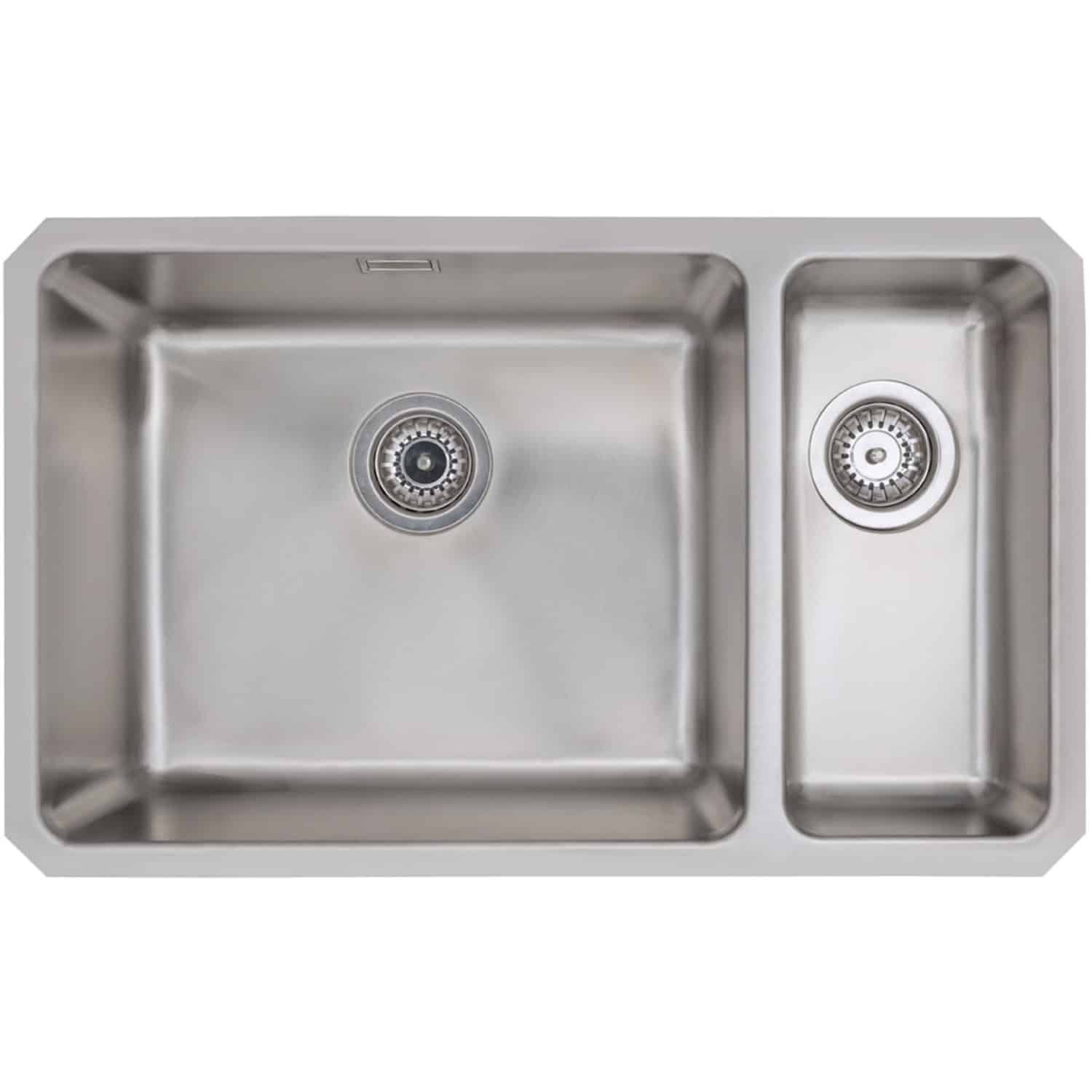 Stainless steel double kitchen sink with integrated drains, perfect for modern and functional bathroom or kitchen renovation projects, durable and easy to clean.