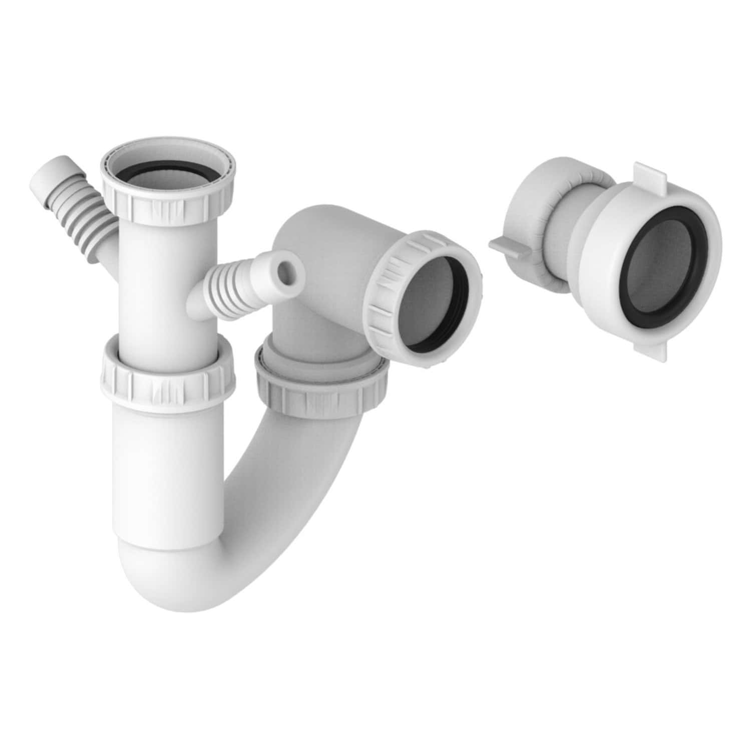 Flexible PVC plumbing drain trap and fittings for bathroom sink or bathtub, white versatile plumbing accessories, high-quality pipe connectors, bathroom plumbing components, Bubly Bathrooms.