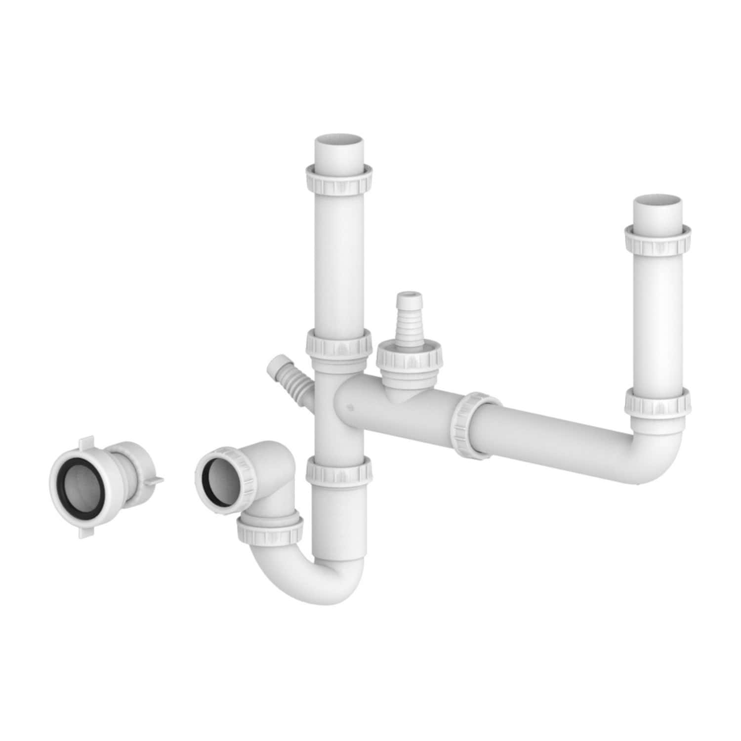 White PVC bathroom sink drain pipe assembly with connectors and fittings for installation or repair, suitable for plumbing systems and bathroom renovations.