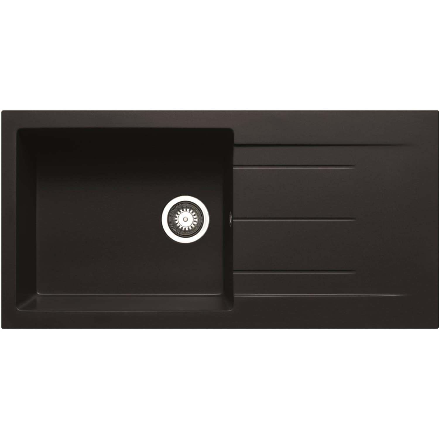 Black kitchen sink with integrated draining board, modern design, durable material, ideal for contemporary bathrooms and kitchens, providing functionality and style.