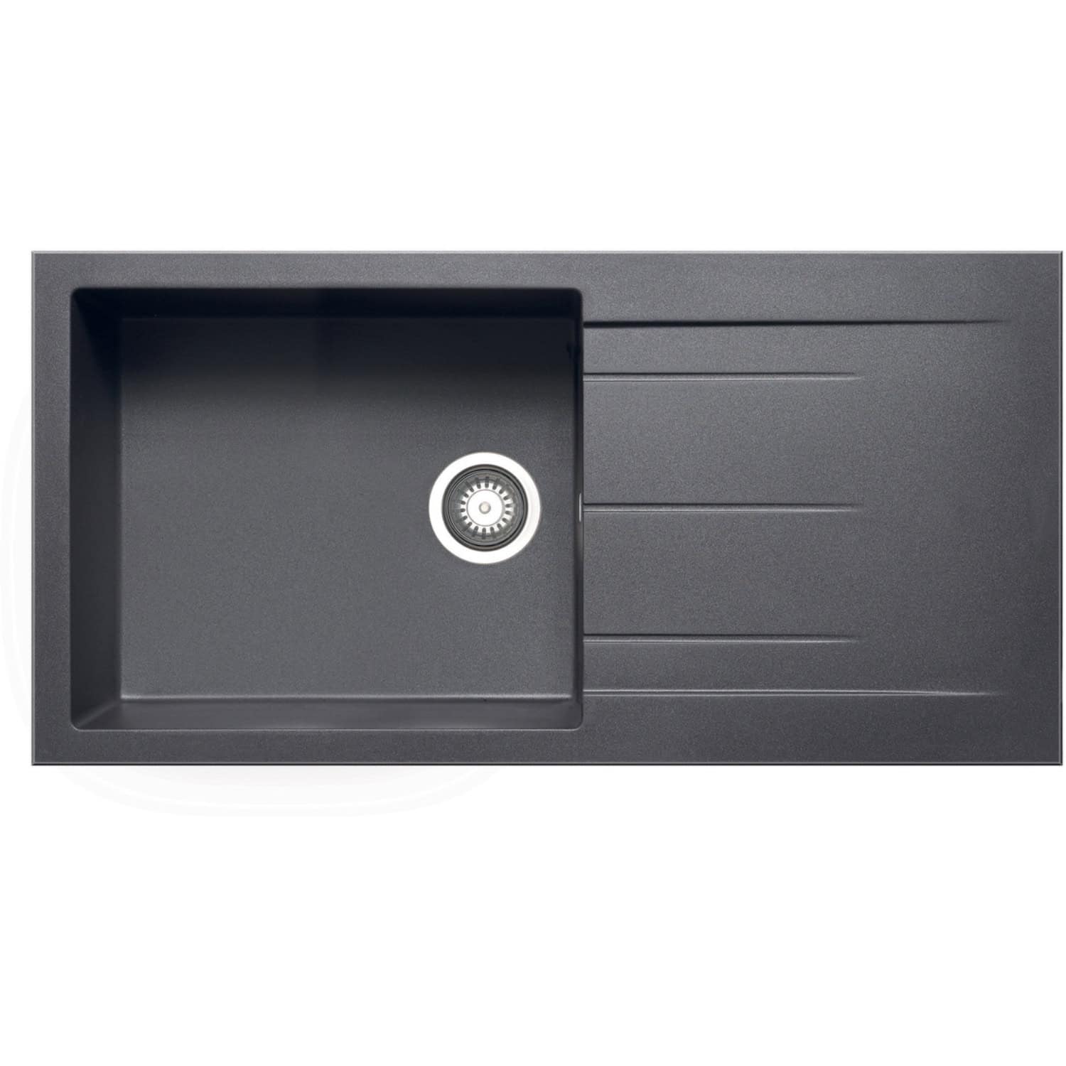 Modern black kitchen sink with integrated draining board, stainless steel basin, and sleek design for contemporary bathrooms and kitchens.