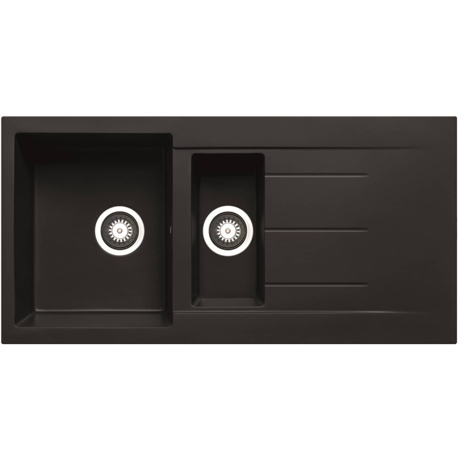 Silestone black double kitchen sink with integrated drainage area, modern design, durable material, ideal for contemporary bathrooms and kitchens. Perfect for stylish and functional space improvements.