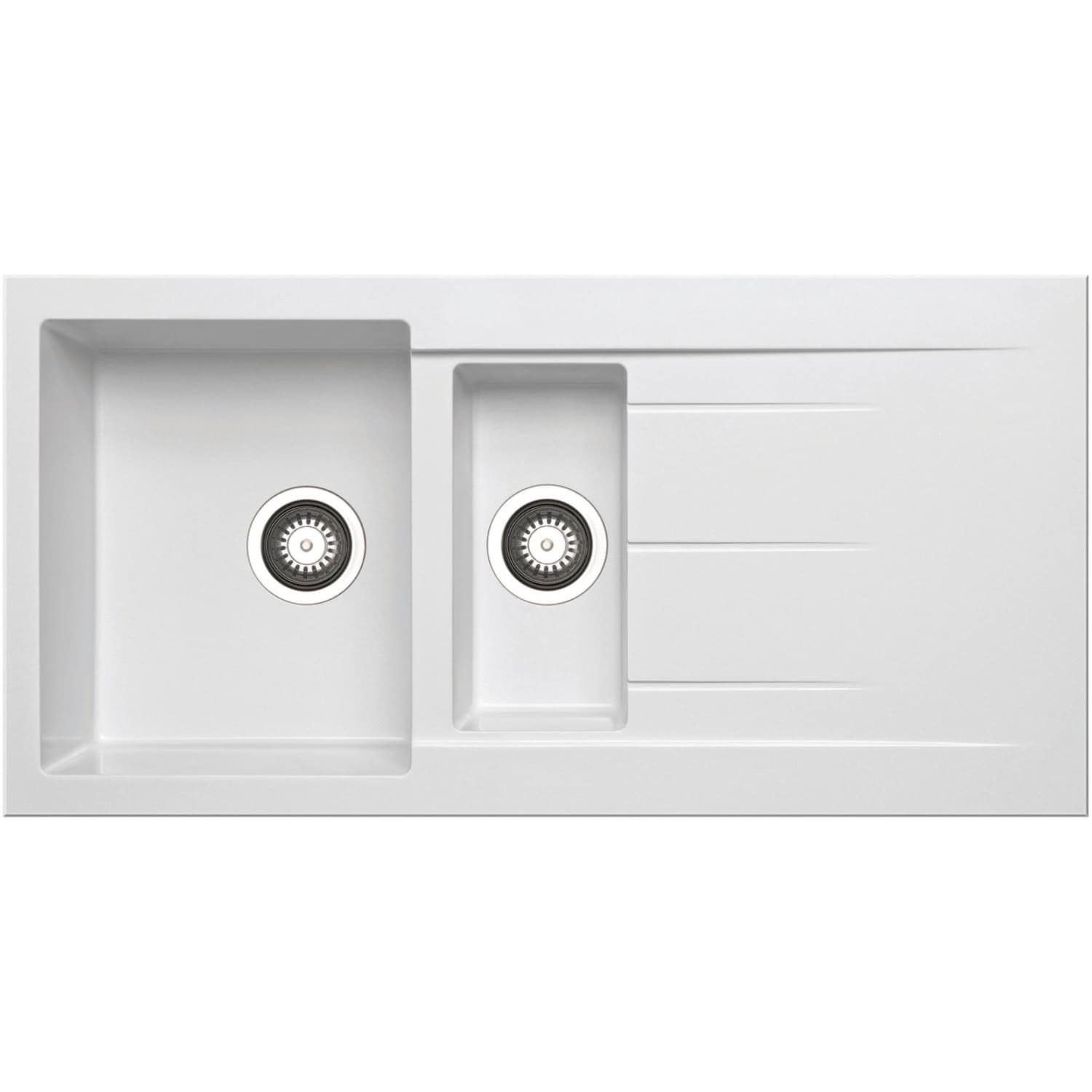 Sleek white double kitchen sink with integrated draining board, designed for modern bathrooms and kitchens, featuring durable materials and easy-clean surfaces.