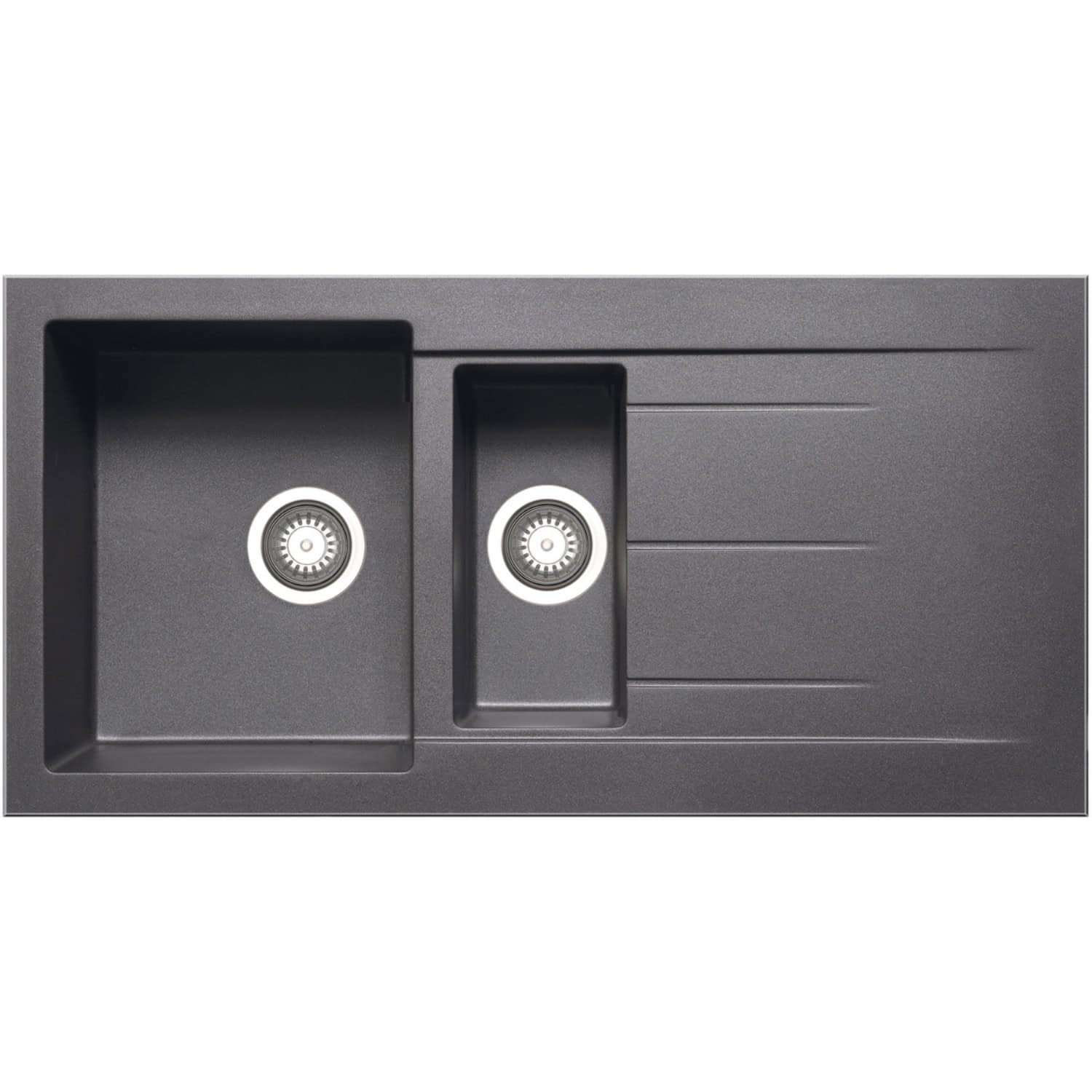 Sleek black kitchen undermount sink with double bowl and draining areas, perfect for modern bathrooms and kitchens. Durable composite material for easy cleaning and long-lasting usage.