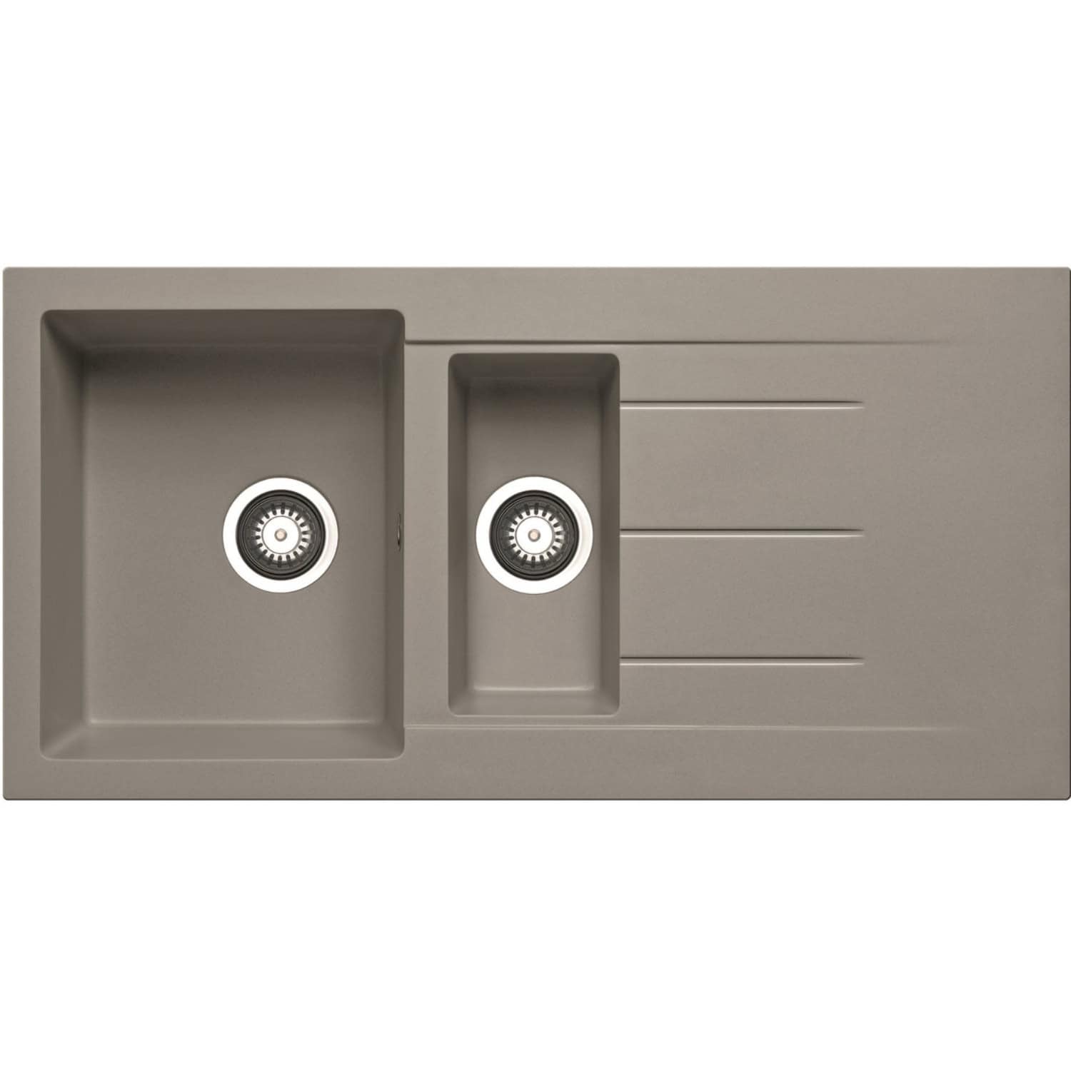 Stylish beige double kitchen sink with drainer and integrated drainage grooves, perfect for modern bathroom or kitchen renovation, durable and easy to install from Bubly Bathrooms.