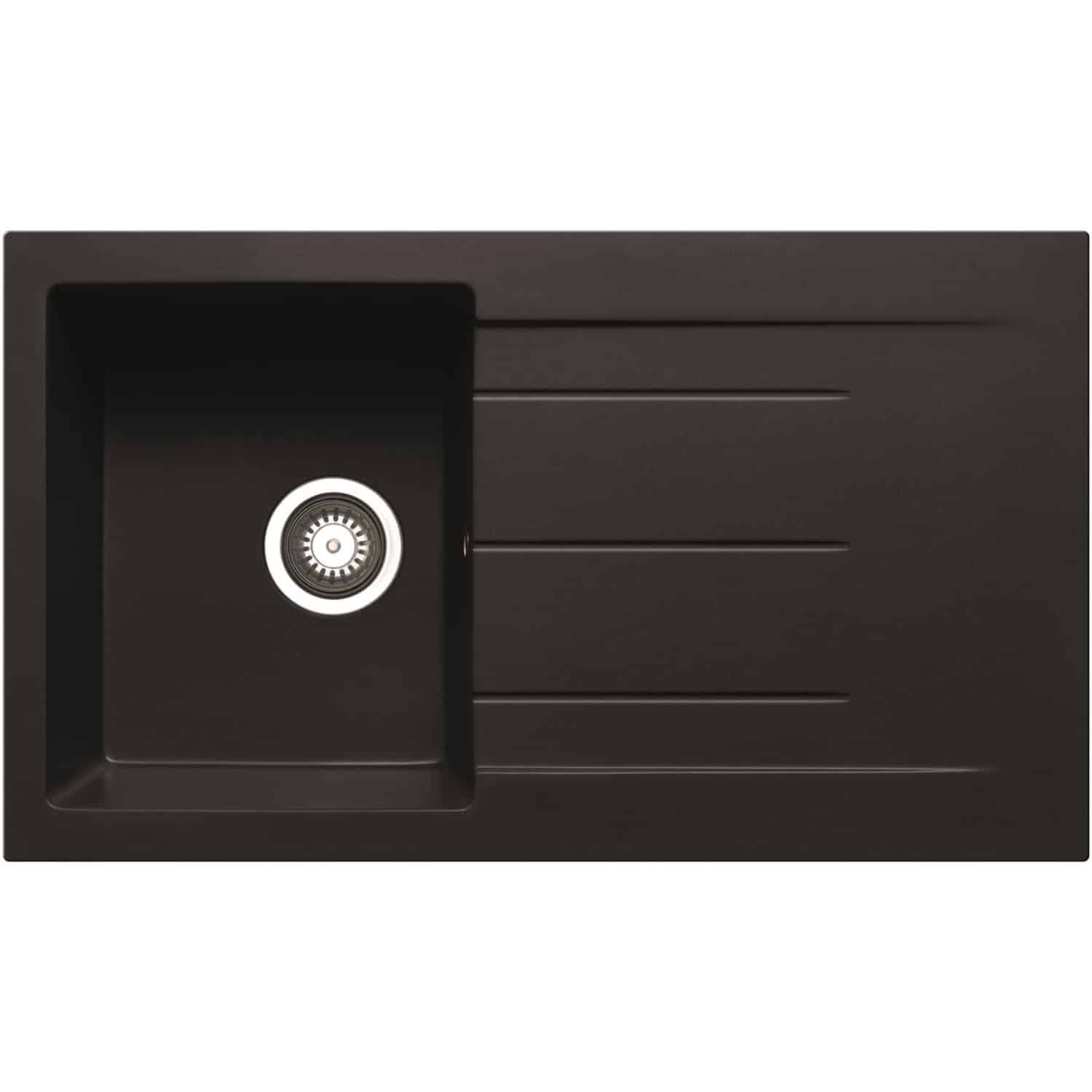 Sleek black kitchen sink with integrated draining board, modern design, durable composite material, perfect for contemporary bathrooms and kitchens.