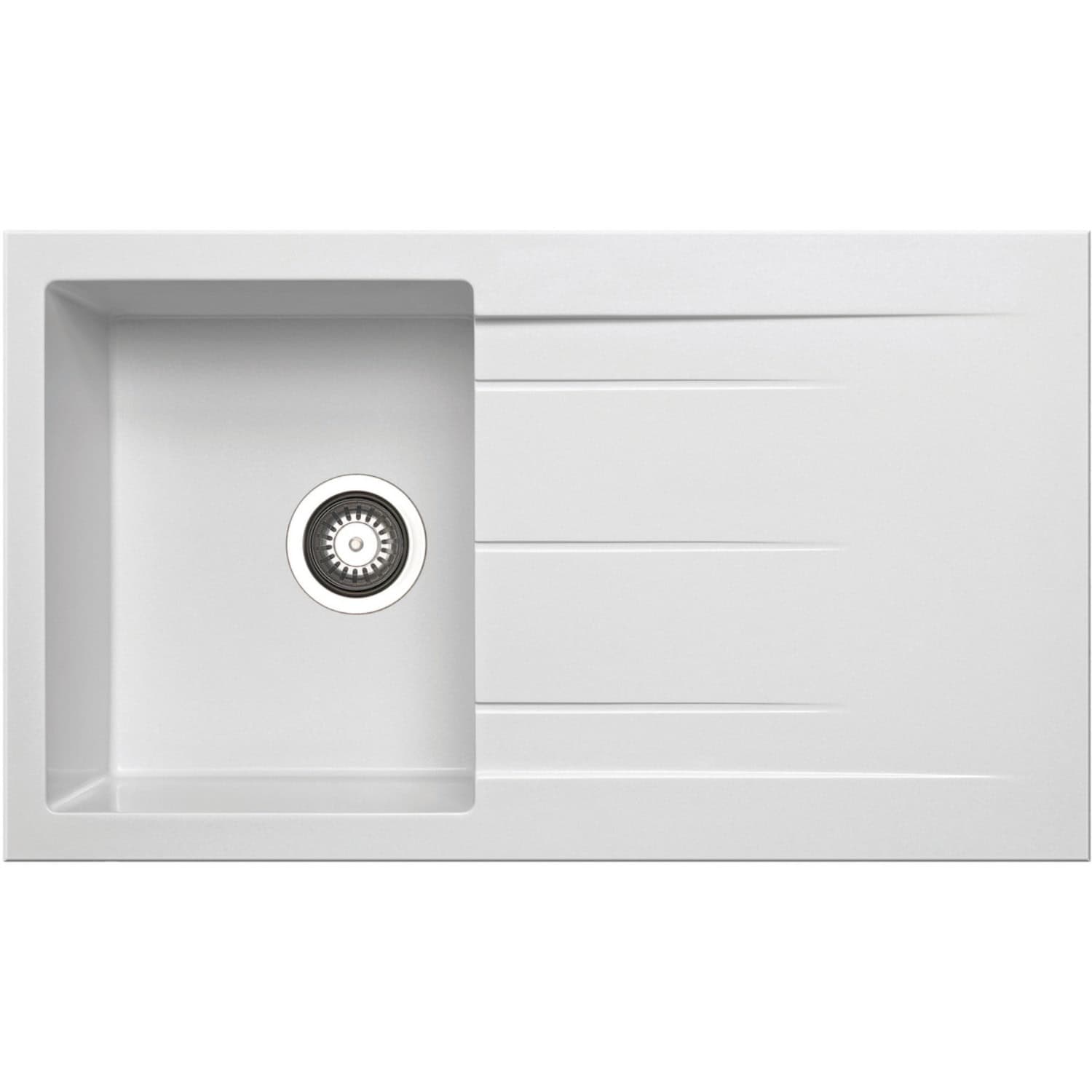 Modern white kitchen sink with integrated draining board, designed for stylish and functional bathroom or kitchen use. Made of durable material, easy to clean, with a sleek minimalist appearance.