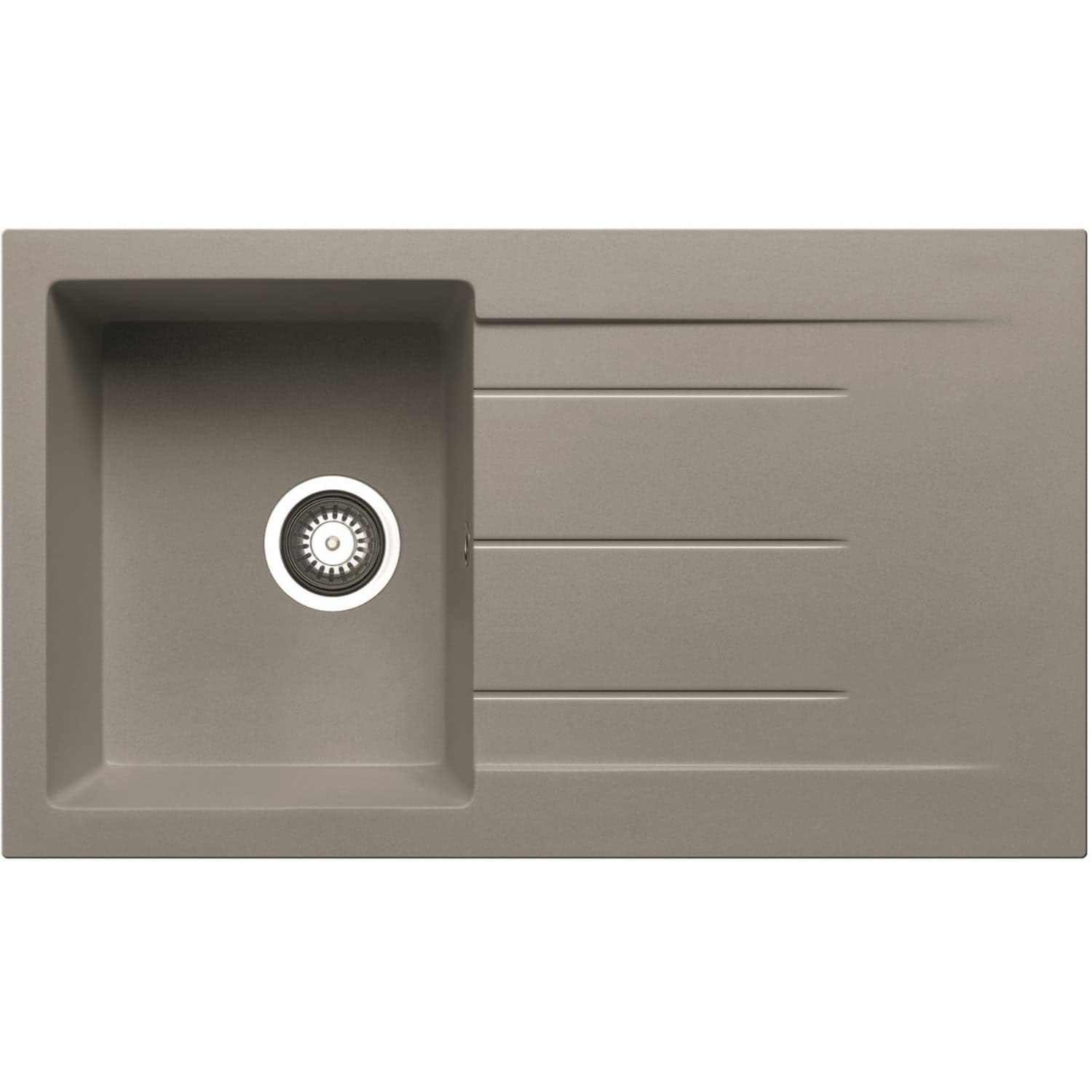 Sleek grey kitchen sink with integrated draining board, modern design, durable material perfect for contemporary bathrooms or kitchens.