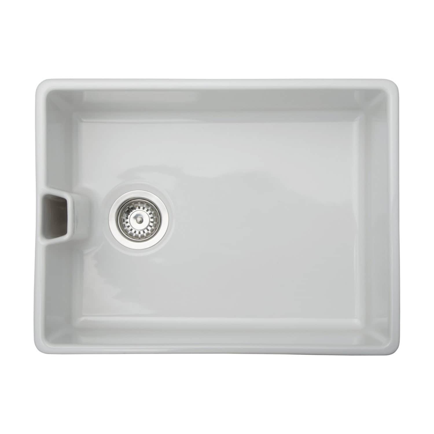 Modern white rectangular kitchen sink with single basin, stainless steel drain, and small draining area; ideal for sleek bathroom or kitchen renovation projects.
