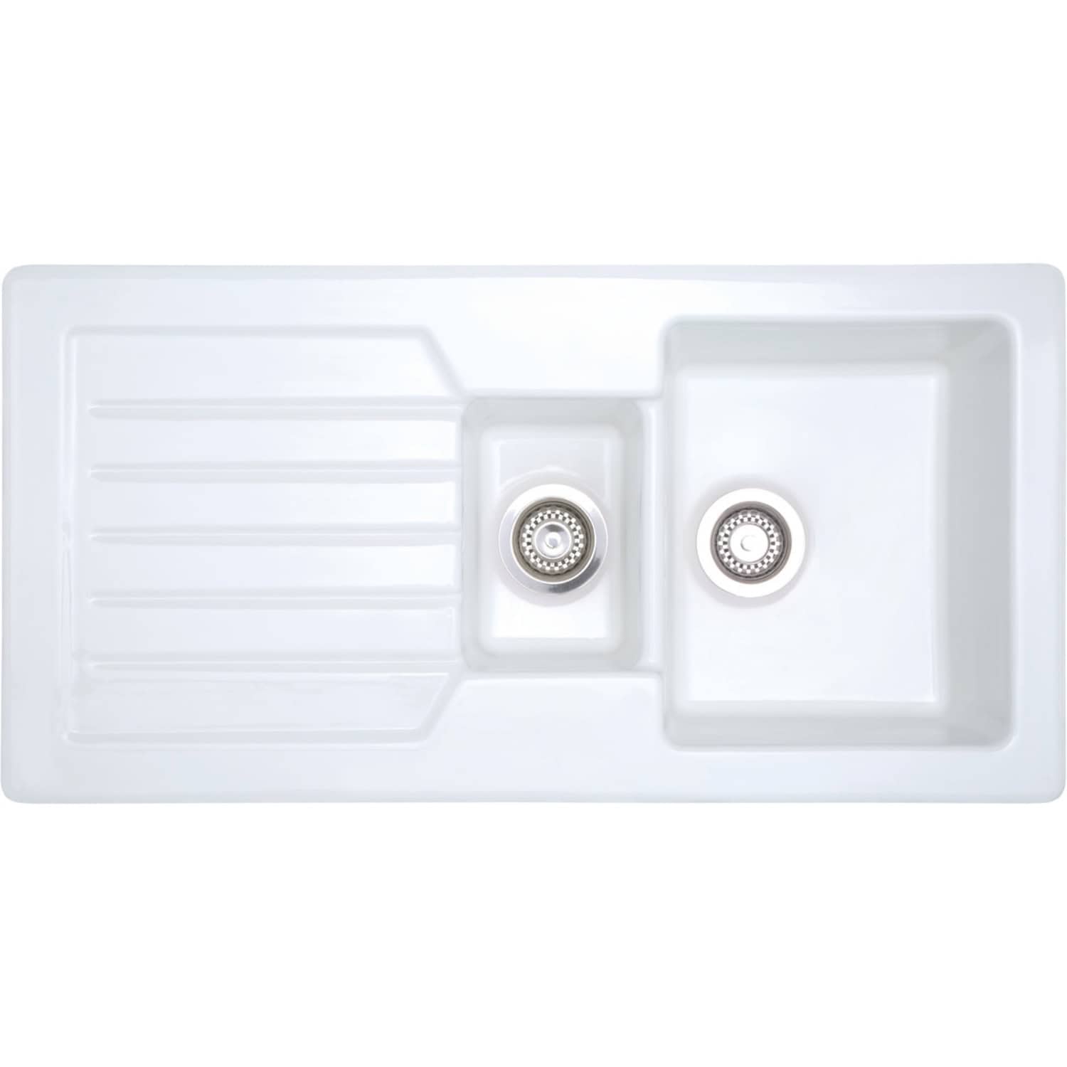 Stainless steel double kitchen sink with draining board, modern design, ideal for contemporary bathrooms and kitchens, durable and easy to clean.