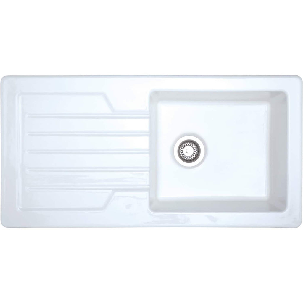Sleek white kitchen sink with integrated draining board and stainless steel drain, perfect for modern bathrooms and kitchens. High-quality, durable ceramic design by Bubly Bathrooms.