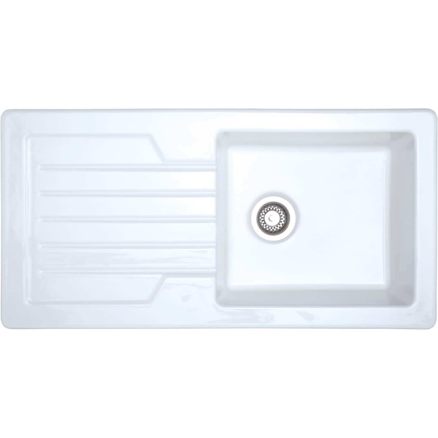 Sleek white kitchen sink with integrated draining board and stainless steel drain, perfect for modern bathrooms and kitchens. High-quality, durable ceramic design by Bubly Bathrooms.