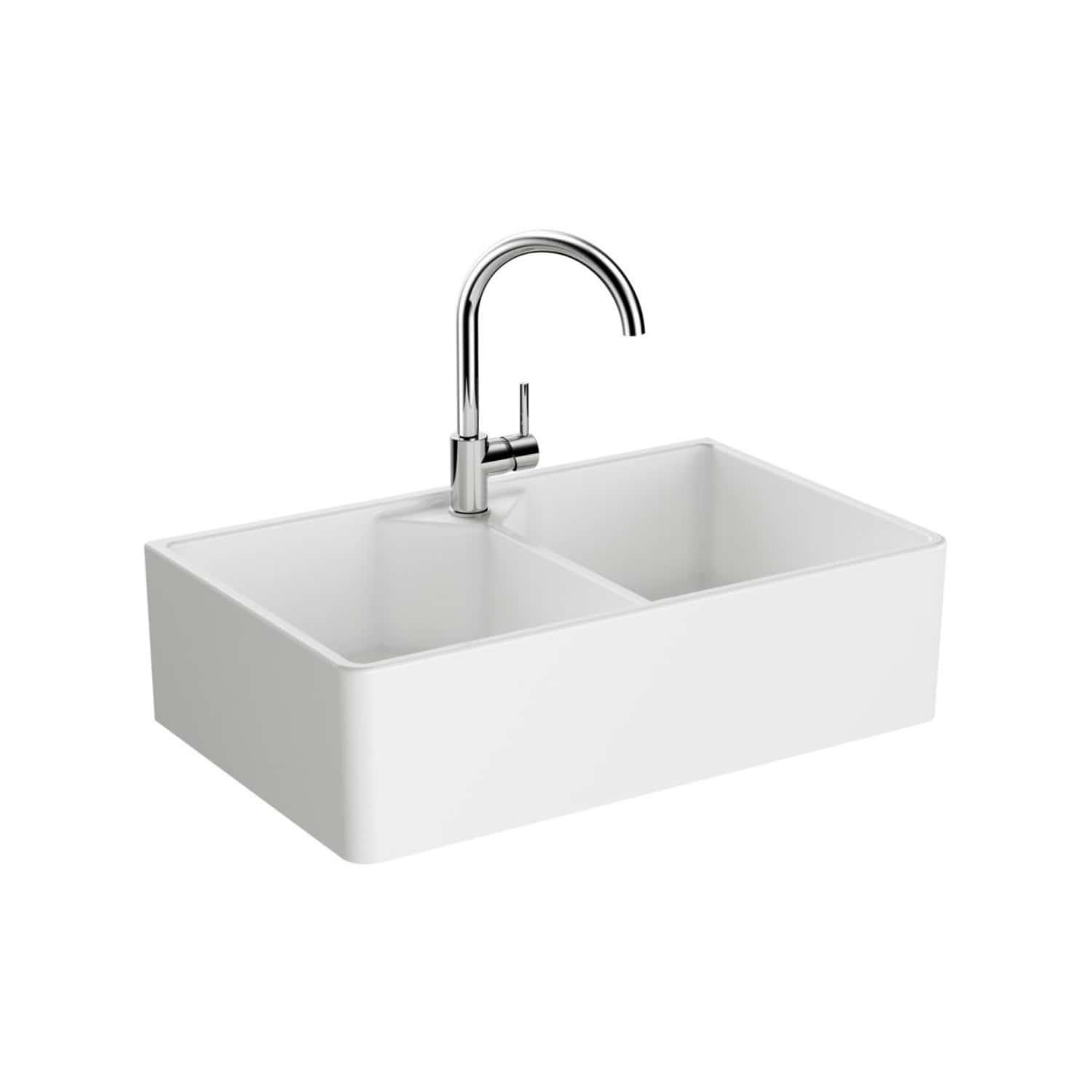 Sleek double bowl kitchen sink with chrome faucet, modern design ideal for contemporary kitchens, durable ceramic material, and easy to clean, perfect for stylish and functional kitchen setups.