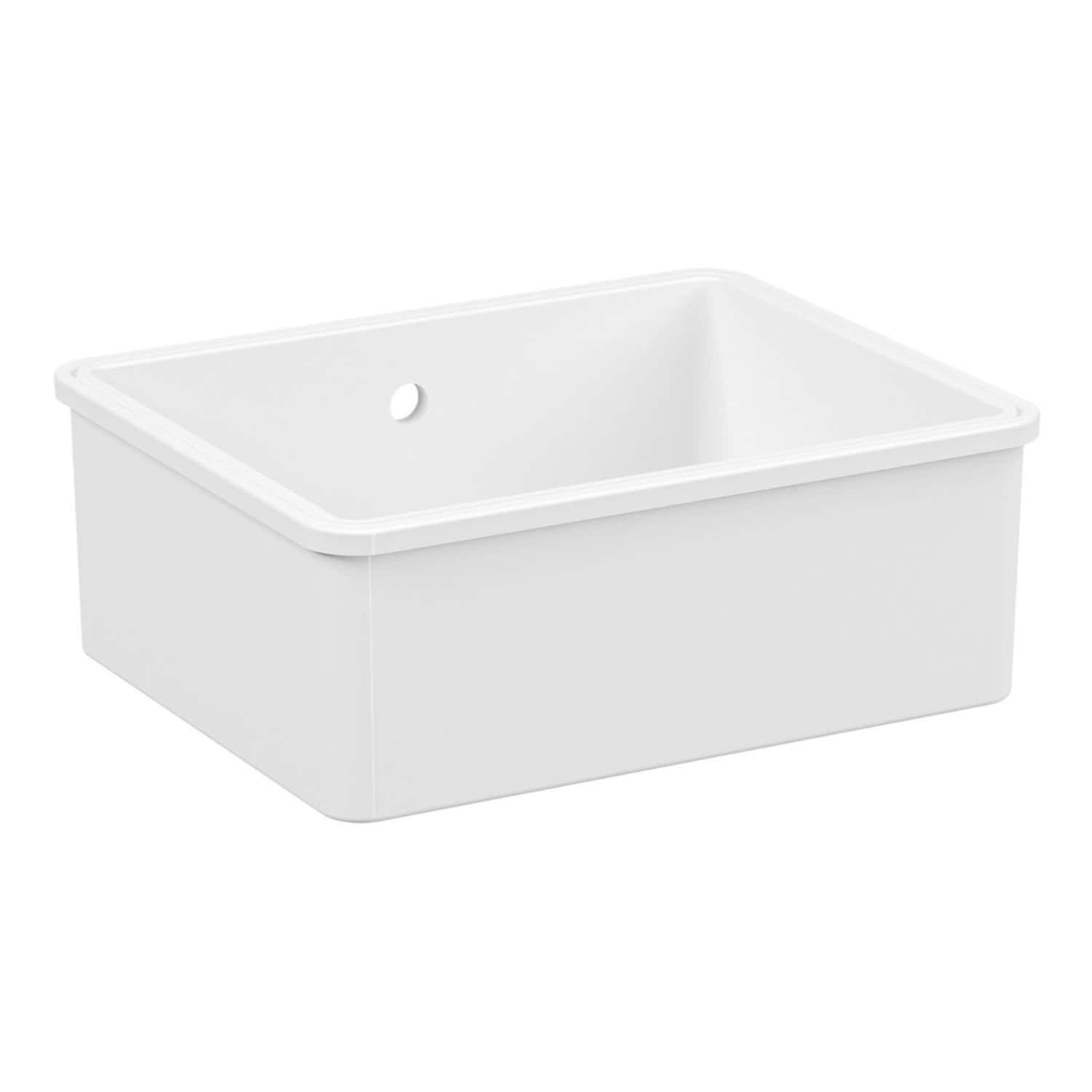 Light grey utility laundry tub with smooth surface and drainage hole, ideal for bathroom and laundry room storage and washing needs.