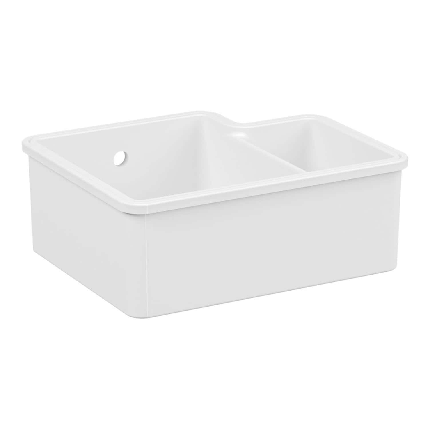 White double-basin laundry sink with overflow hole, ideal for utility rooms and laundry areas, showcasing durable and functional design for easy cleaning and maintenance.