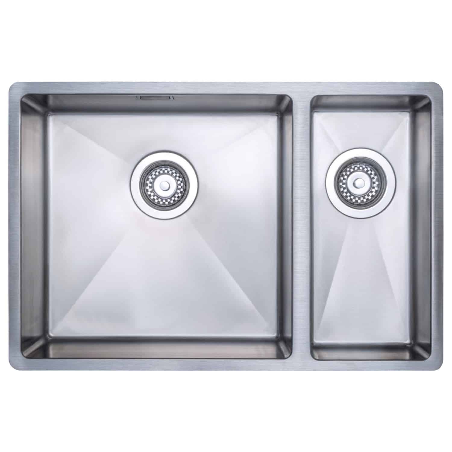 Stainless steel double kitchen sink with two deep basins, modern design, perfect for contemporary bathrooms or kitchens. Ideal for efficient cleaning and food preparation in homes.