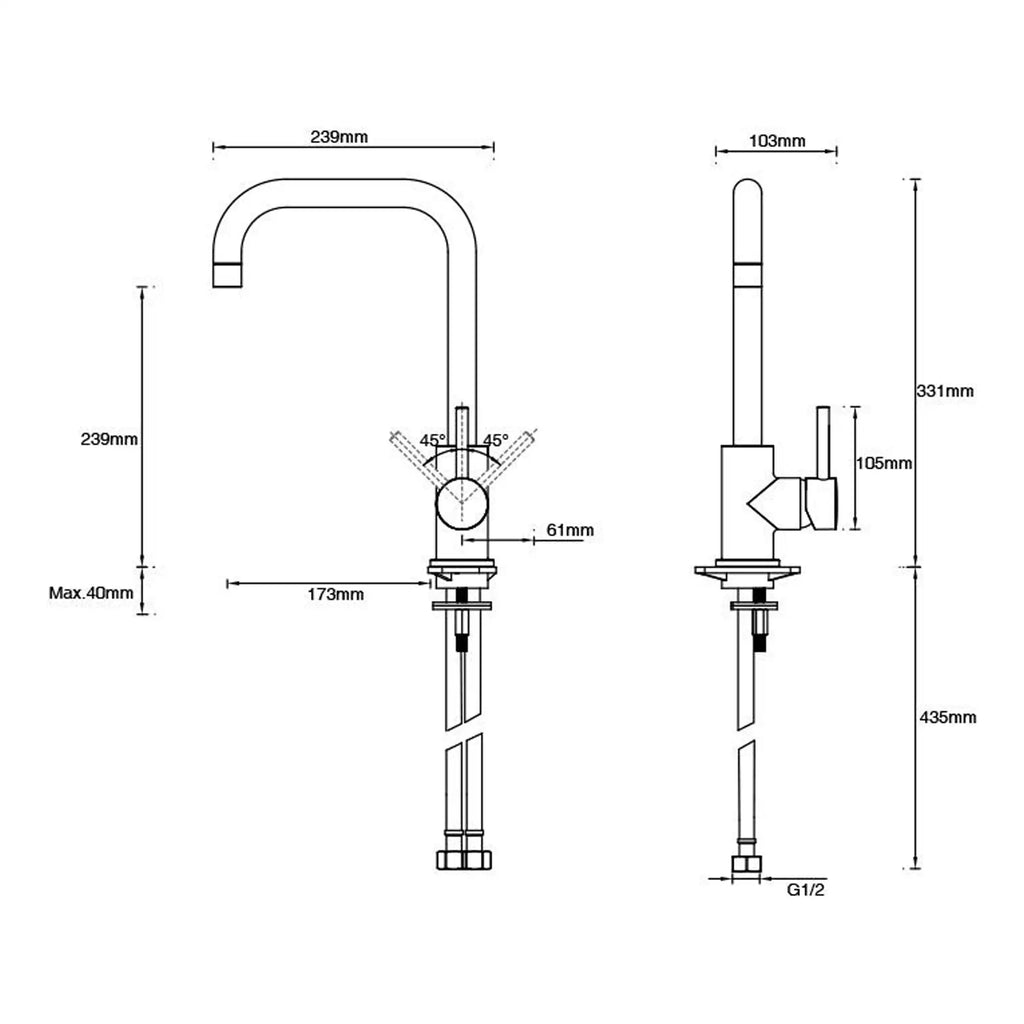 Sleek modern kitchen tap with high-arc spout and precise dimensions, ideal for contemporary bathroom or kitchen fittings, featuring brass construction and easy installation.