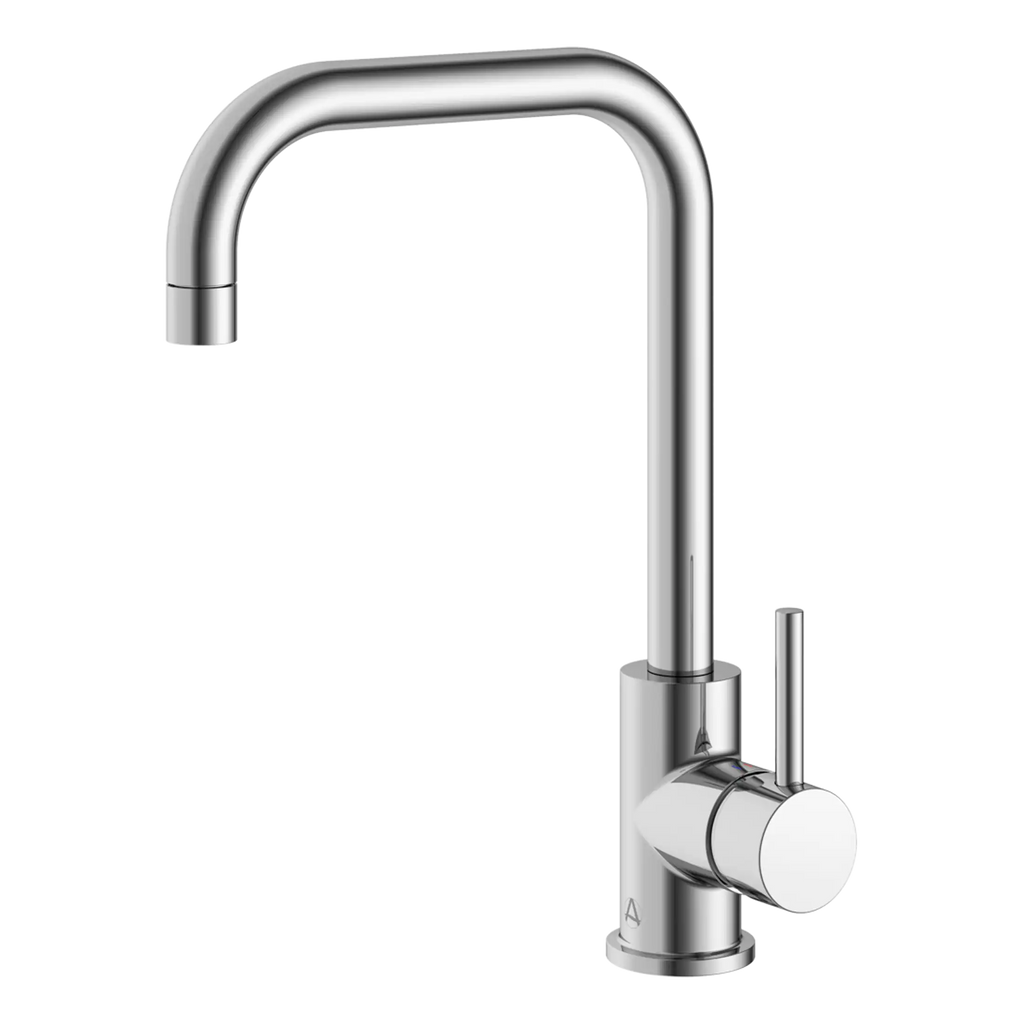 Brushed nickel kitchen tap with high arch spout and single lever control.