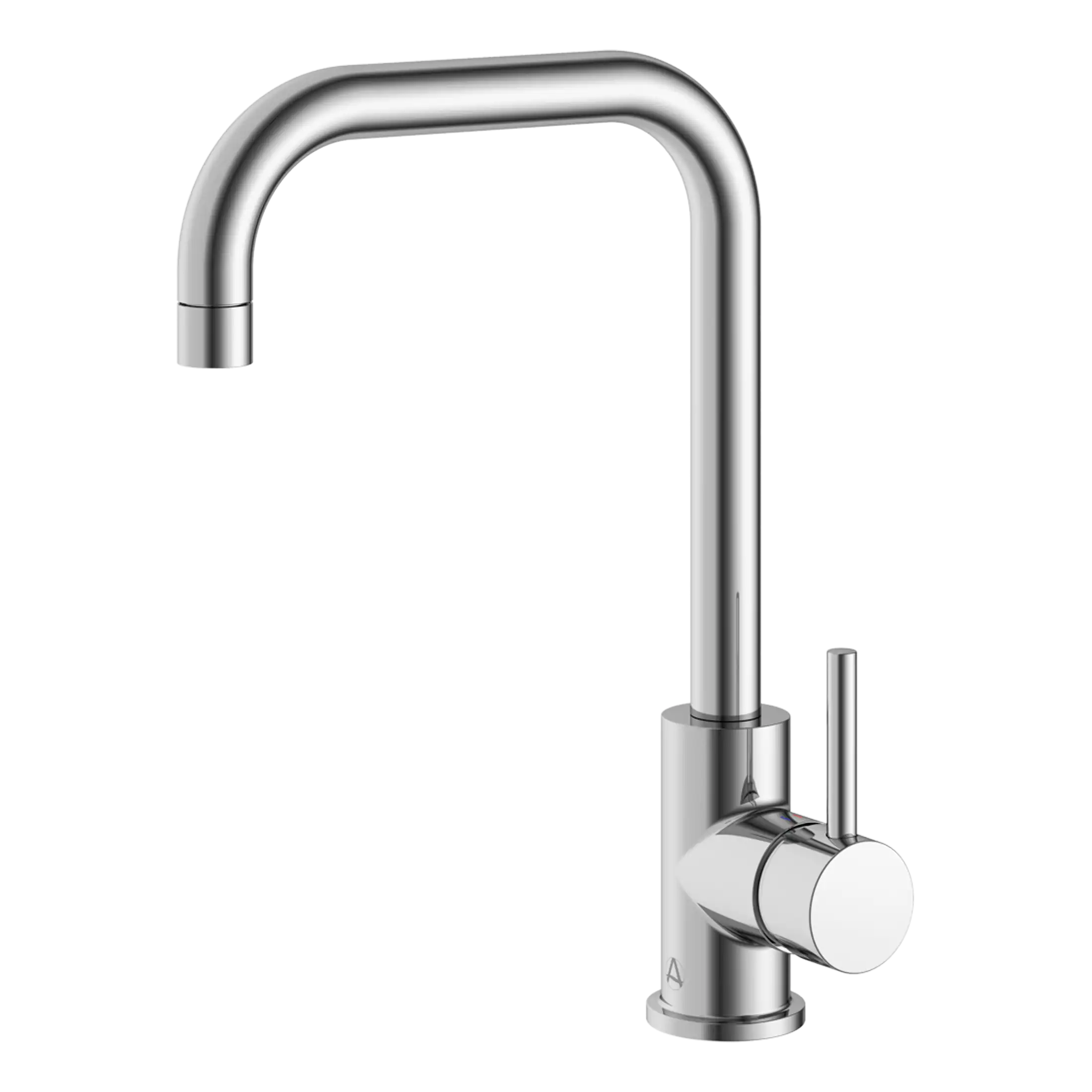 Brushed nickel kitchen tap with high arch spout and single lever control.