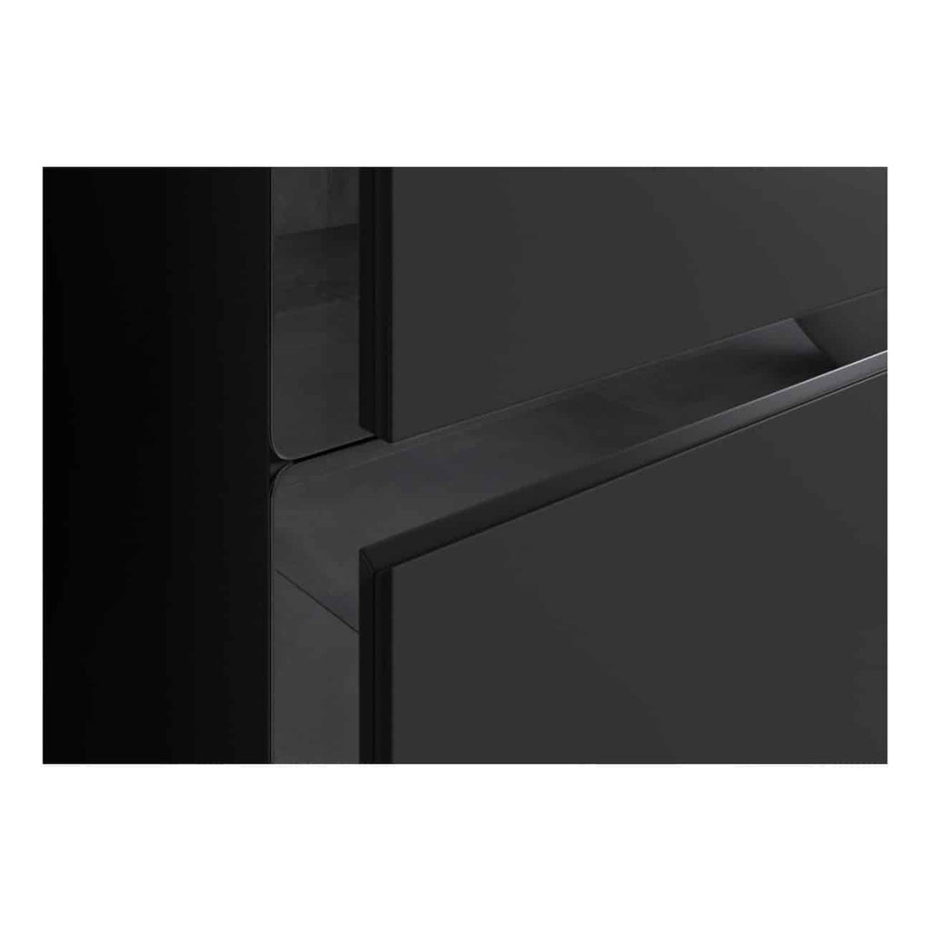 Black modern bathroom vanity with sleek, minimalist design and high-gloss finish, perfect for contemporary bathrooms seeking stylish storage solutions.