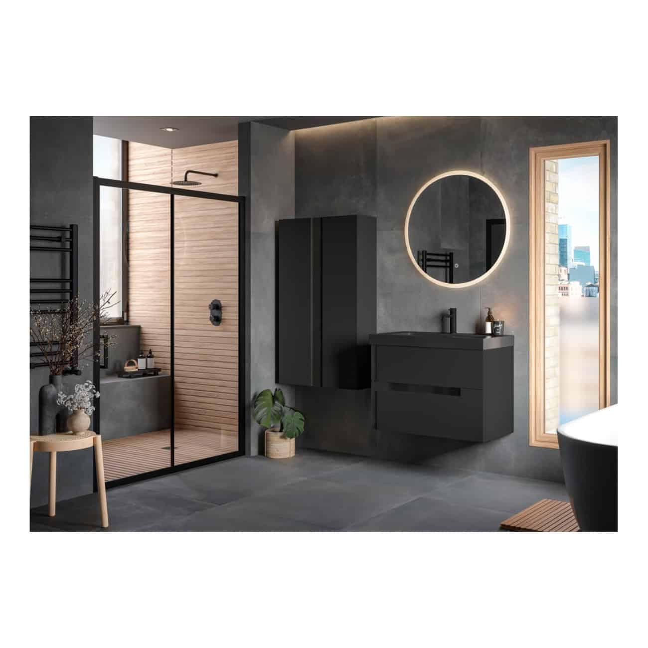Sleek modern bathroom with black fixtures, circular backlit mirror, walk-in shower with wooden accents, grey stone walls, and city views through a large window. Stylish and minimalist bathroom design.