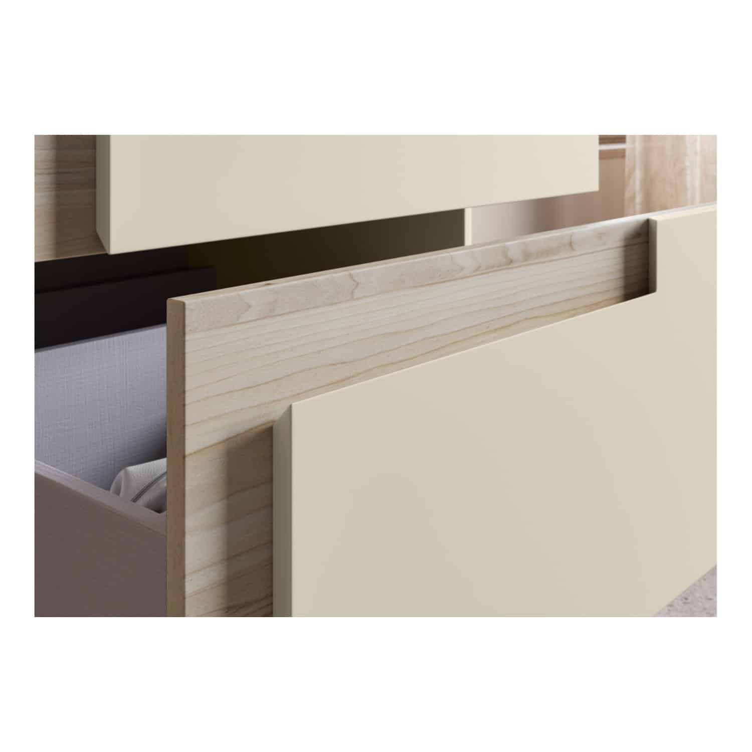 Modern beige and wooden bathroom drawer cabinets with soft-close feature, designed for stylish and functional bath storage solutions.